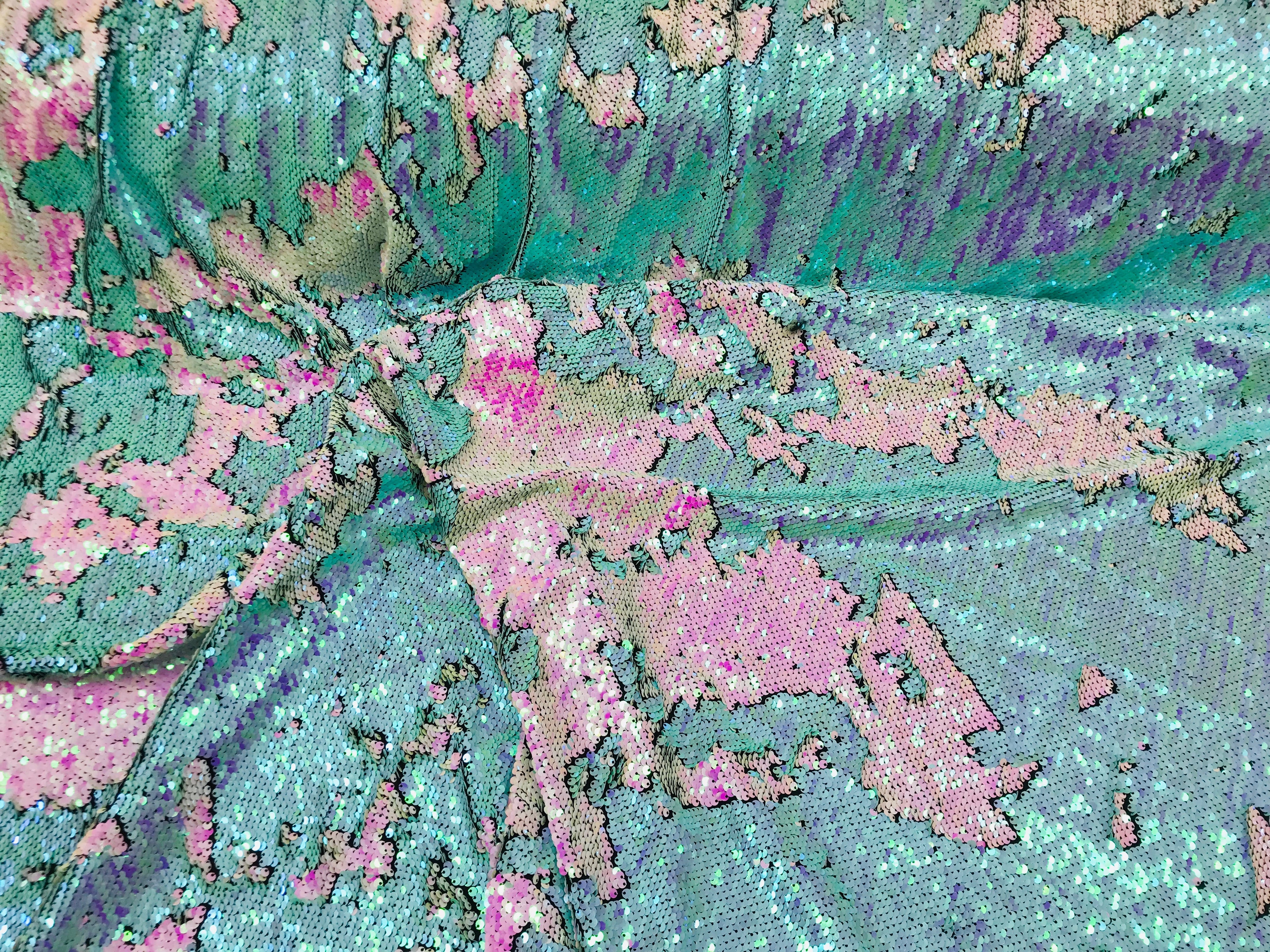 Two Tone Reversible - Iridescent Pink / Aqua - 2 Way Stretch Shiny Sequins Fabric By The Yard