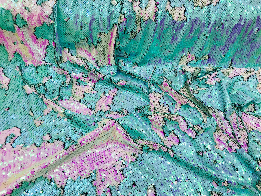 Two Tone Reversible - Iridescent Pink / Aqua - 2 Way Stretch Shiny Sequins Fabric By The Yard