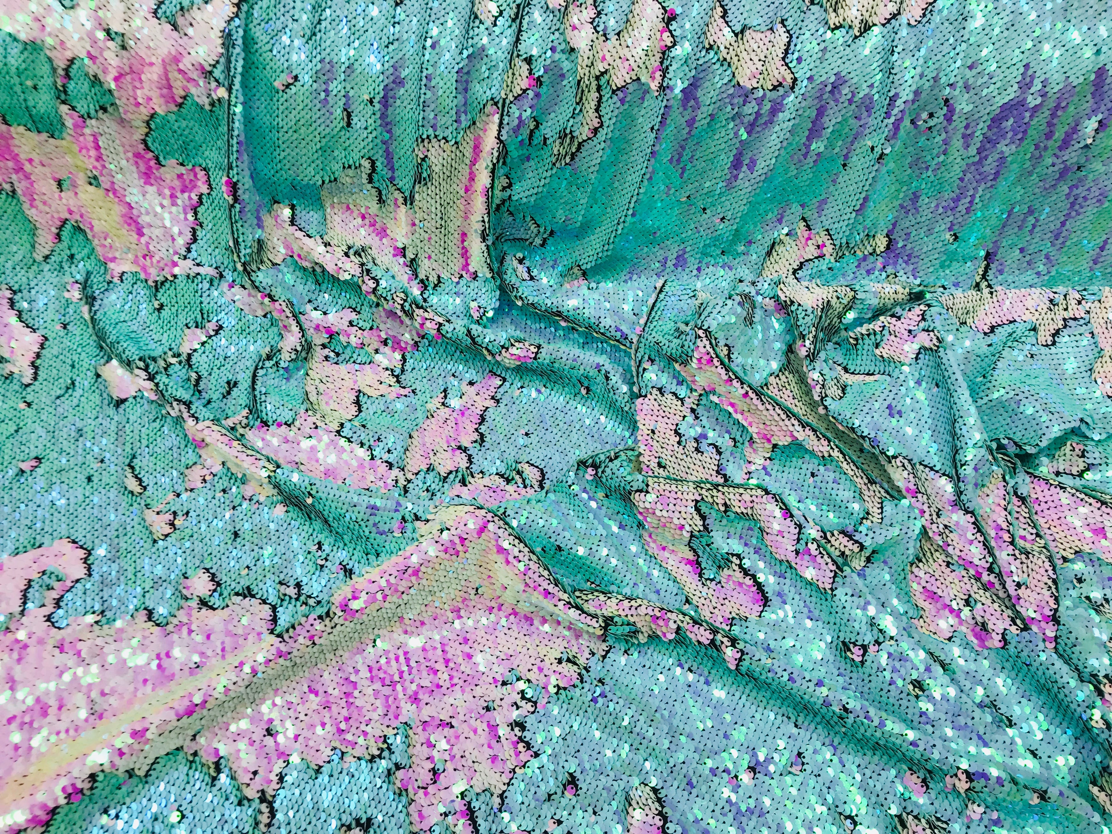 Two Tone Reversible - Iridescent Pink / Aqua - 2 Way Stretch Shiny Sequins Fabric By The Yard