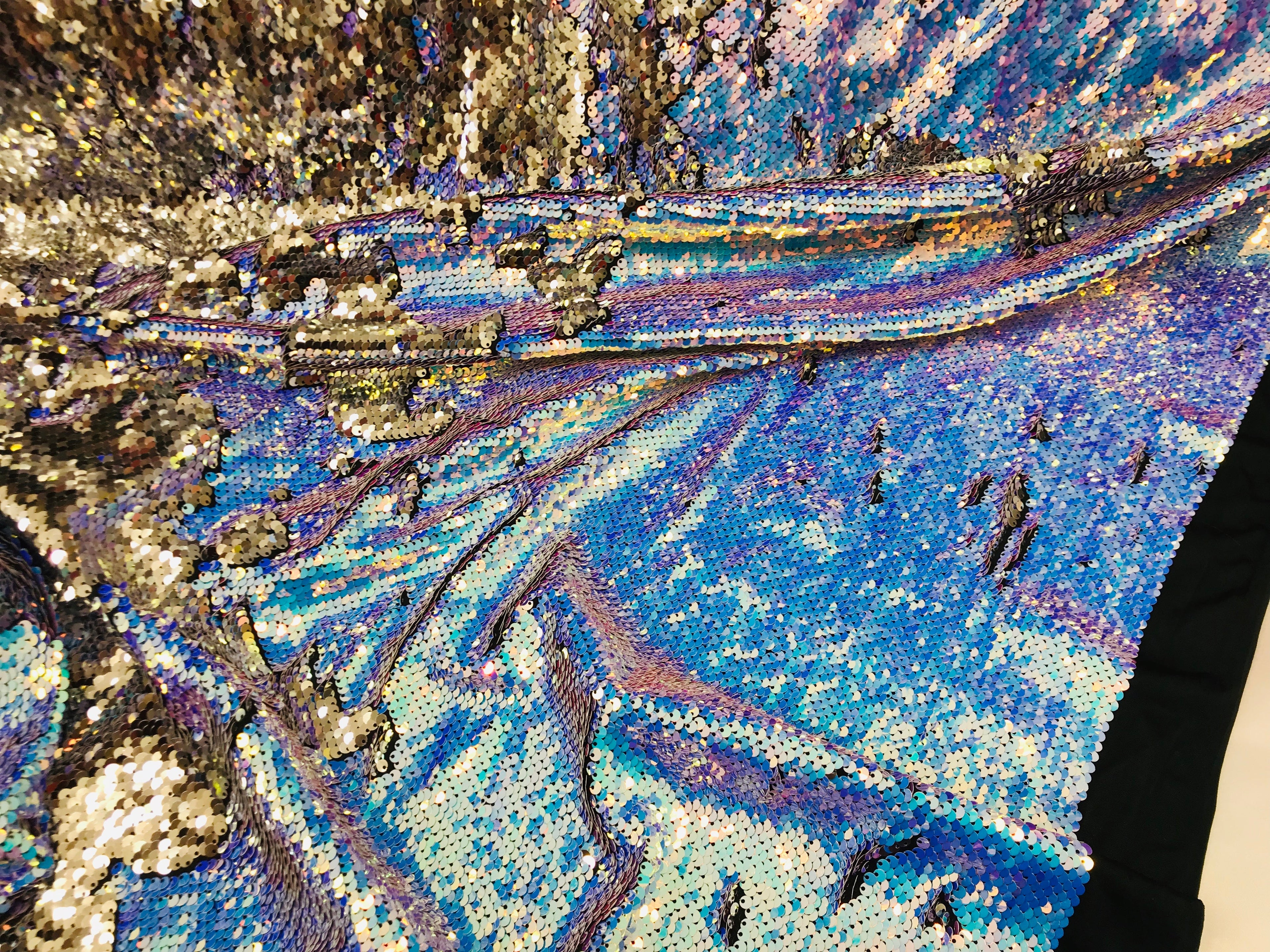 Two Tone Reversible - Iridescent Baby Blue / Gold - 2 Way Stretch Shiny Sequins Fabric By The Yard