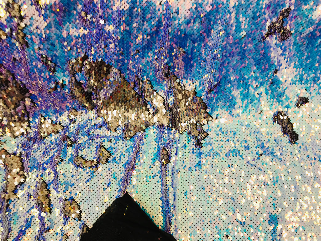 Two Tone Reversible - Iridescent Baby Blue / Gold - 2 Way Stretch Shiny Sequins Fabric By The Yard