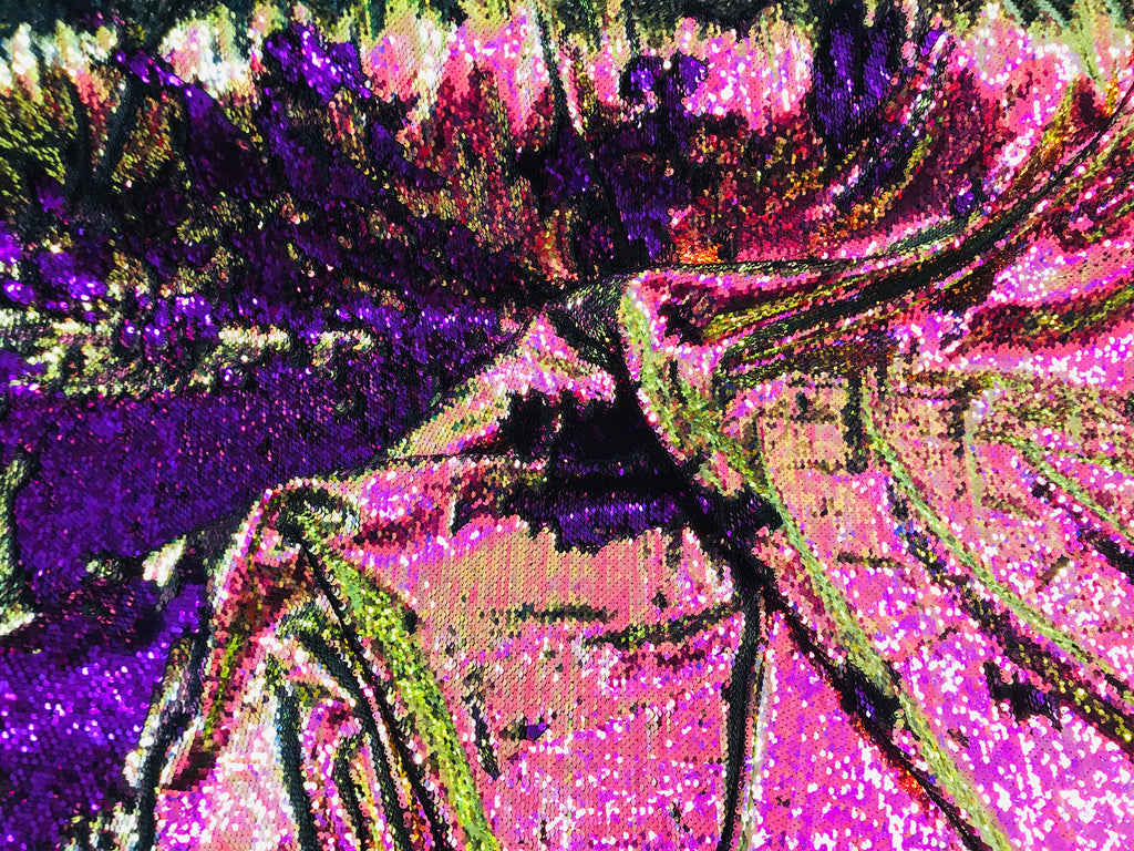 Two Tone Reversible - Magenta Purple / Gold - 2 Way Stretch Iridescent Sequins Fabric By The Yard