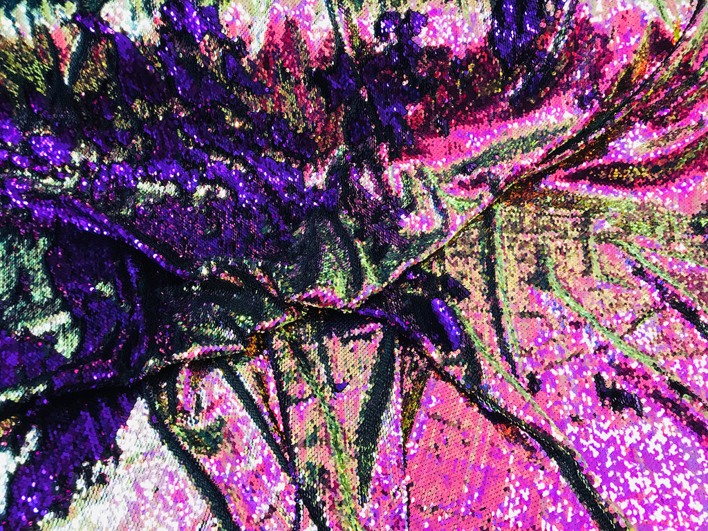 Two Tone Reversible - Magenta Purple / Gold - 2 Way Stretch Iridescent Sequins Fabric By The Yard
