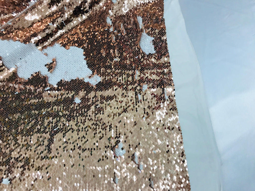 Two Tone Reversible - Champagne / White - 2 Way Stretch Iridescent Shiny Sequins Fabric By The Yard