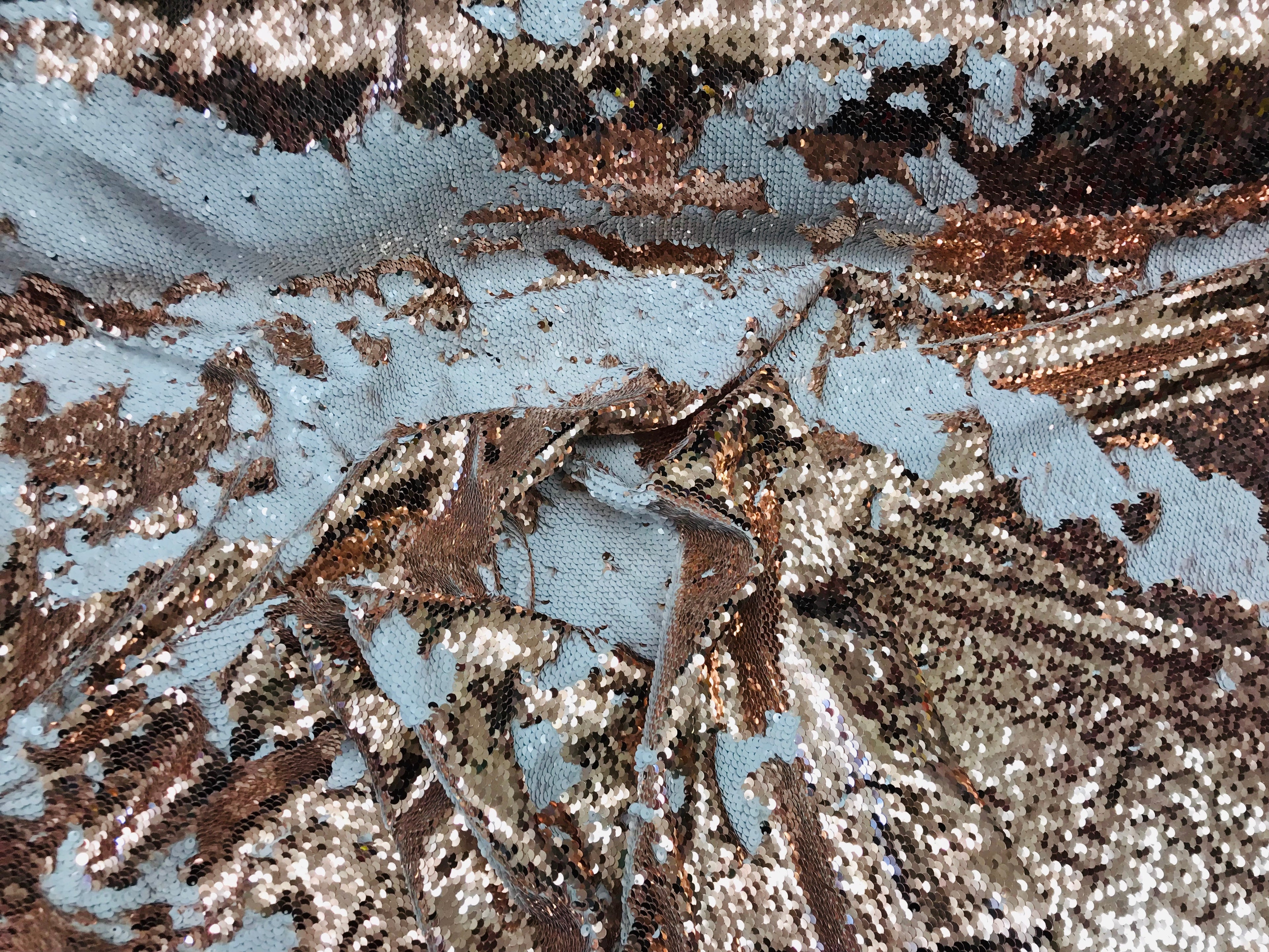 Two Tone Reversible - Champagne / White - 2 Way Stretch Iridescent Shiny Sequins Fabric By The Yard