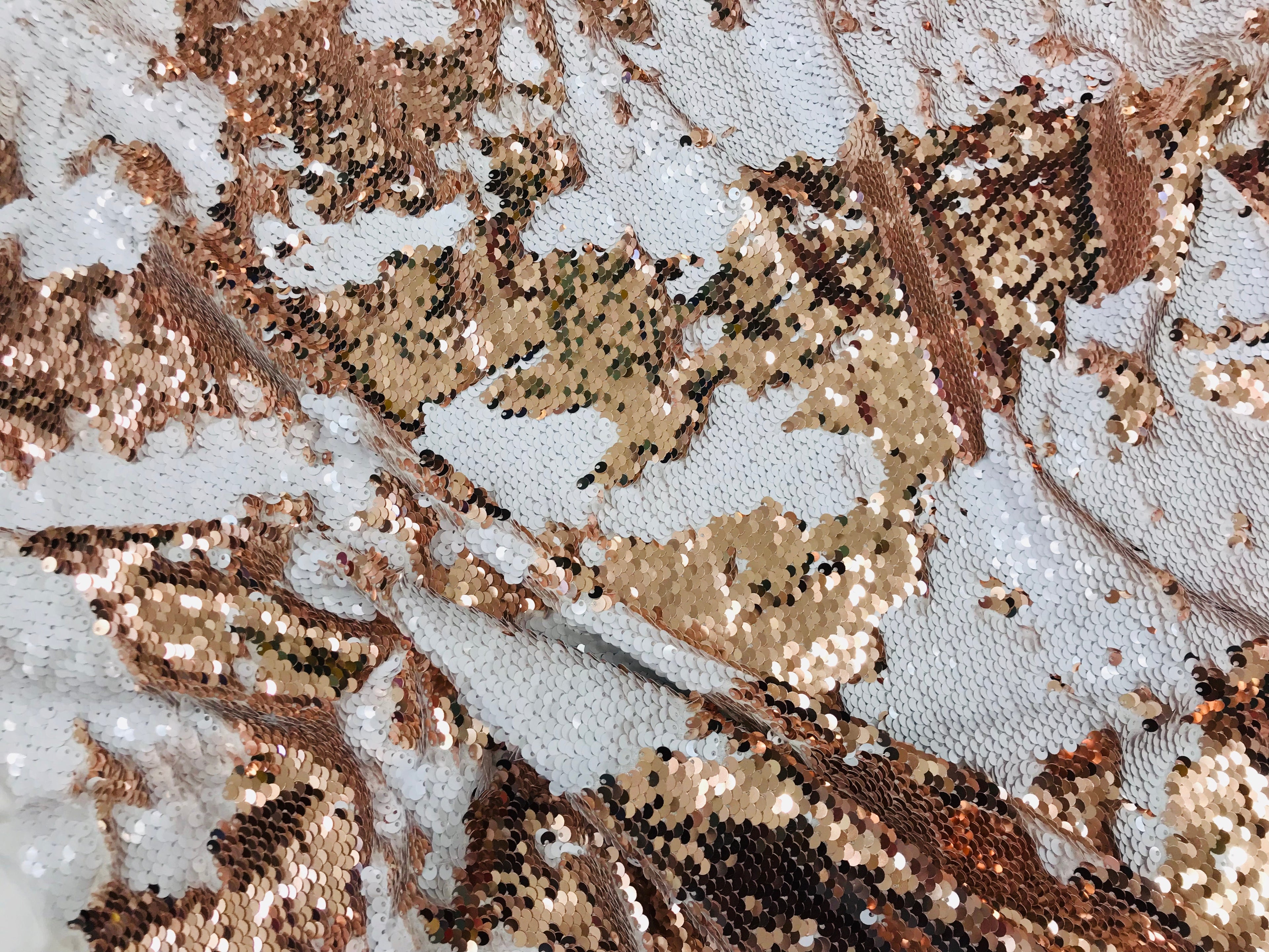 Two Tone Reversible - Champagne / White - 2 Way Stretch Iridescent Shiny Sequins Fabric By The Yard