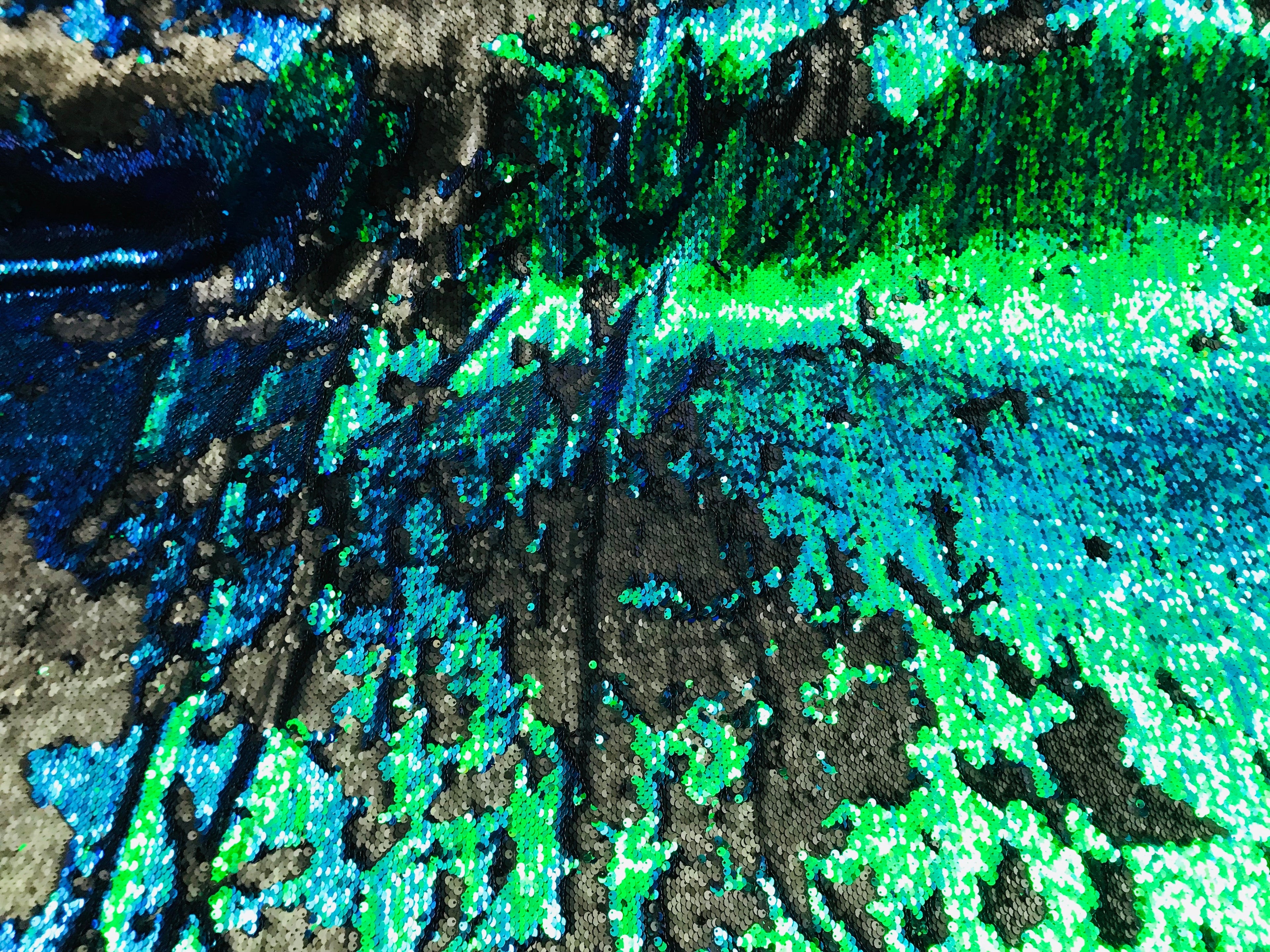Two Tone Reversible - Jade Blue / Green - 2 Way Stretch Iridescent Shiny Sequins Fabric By The Yard