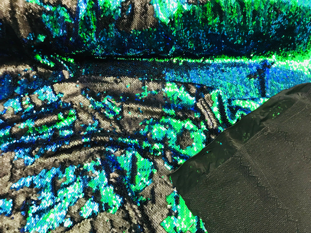 Two Tone Reversible - Jade Blue / Green - 2 Way Stretch Iridescent Shiny Sequins Fabric By The Yard
