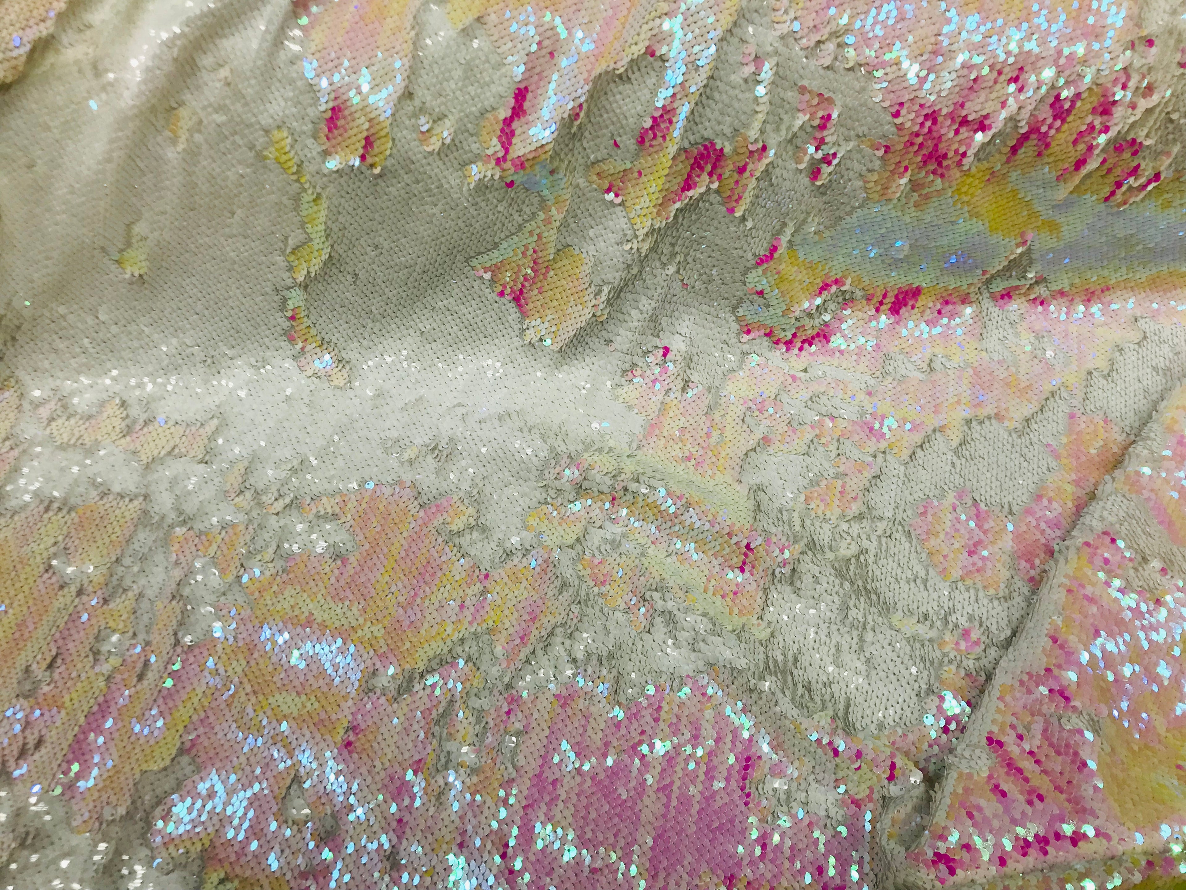 Two Tone Reversible - Iridescent Pink  White - 2 Way Stretch Shiny Sequins Fabric By The Yard