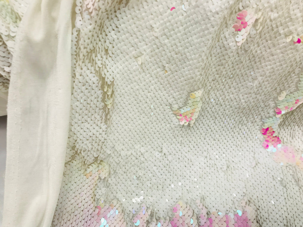 Two Tone Reversible - Iridescent Pink  White - 2 Way Stretch Shiny Sequins Fabric By The Yard
