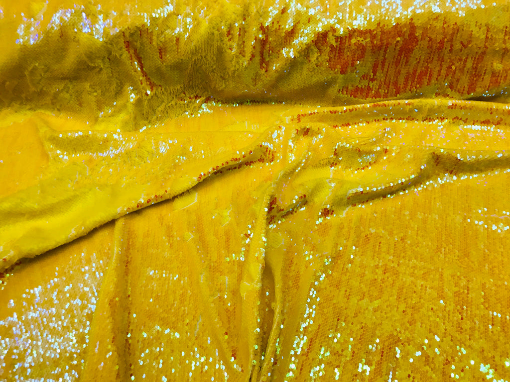 Two Tone Reversible - Yellow - 2 Way Stretch Iridescent Sequins Fabric By The Yard