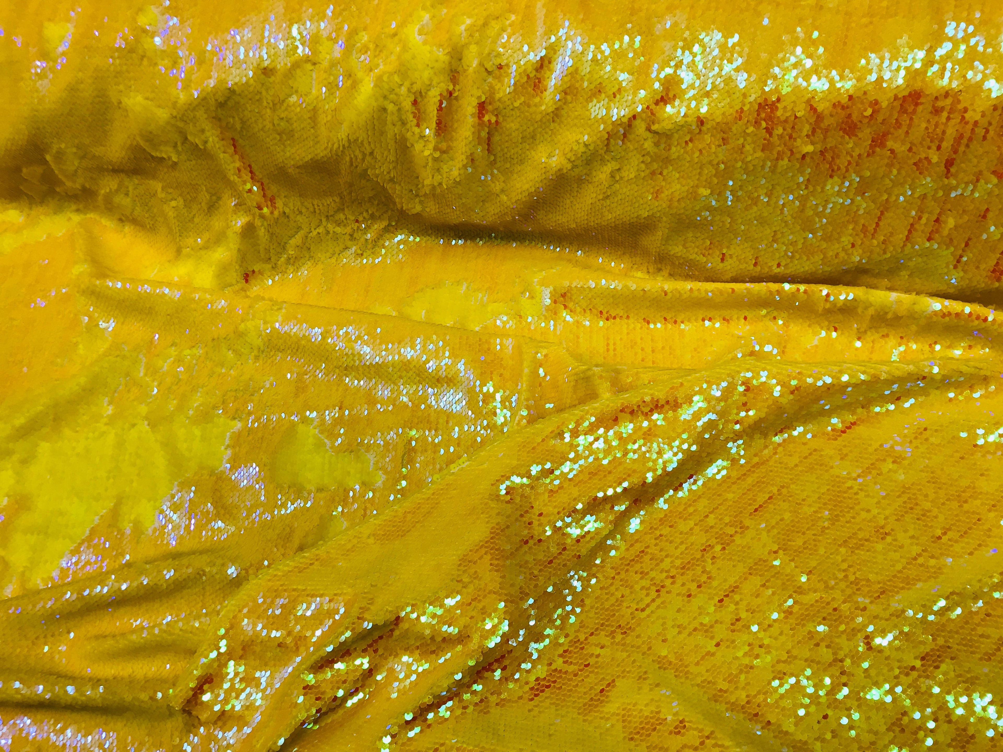 Two Tone Reversible - Yellow - 2 Way Stretch Iridescent Sequins Fabric By The Yard