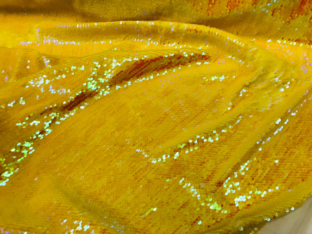 Two Tone Reversible - Yellow - 2 Way Stretch Iridescent Sequins Fabric By The Yard