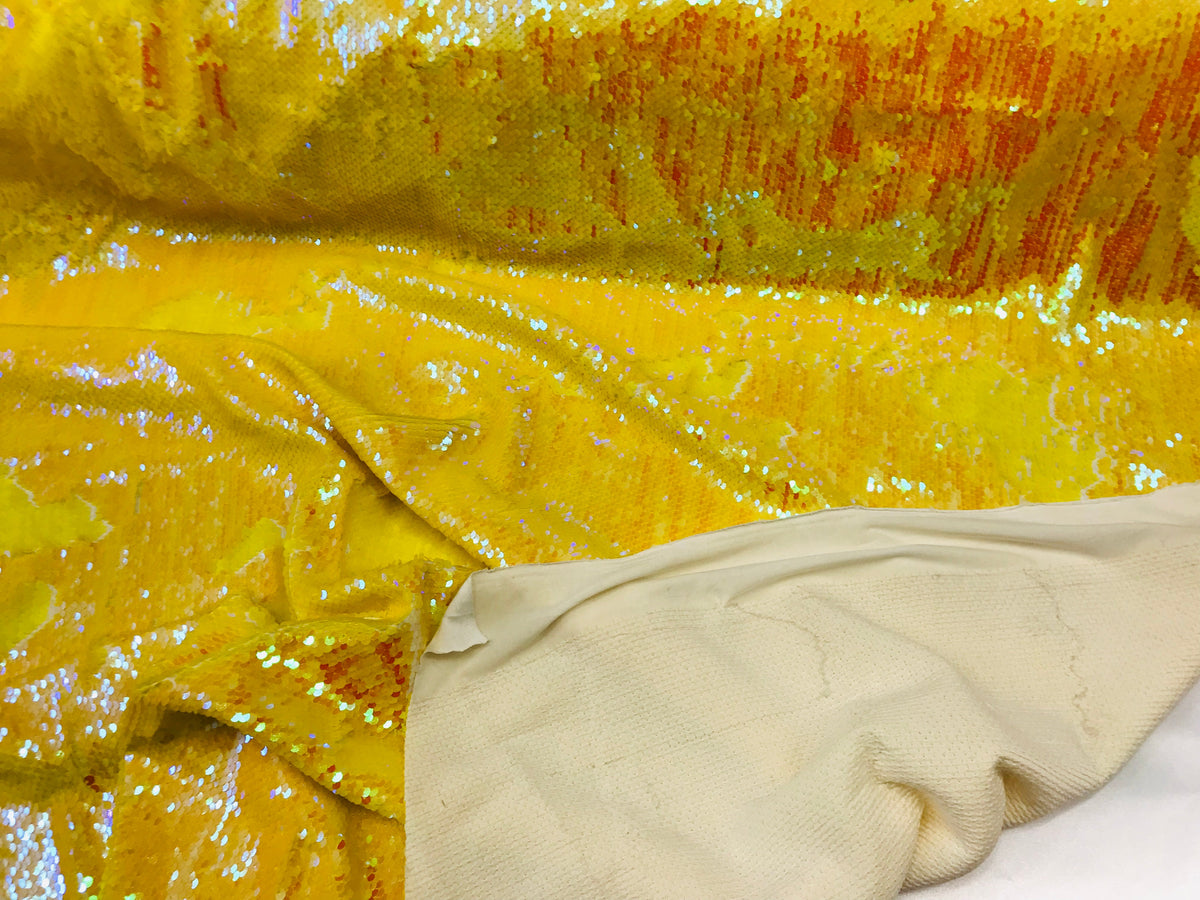 Two Tone Reversible - Yellow - 2 Way Stretch Iridescent Sequins Fabric By The Yard