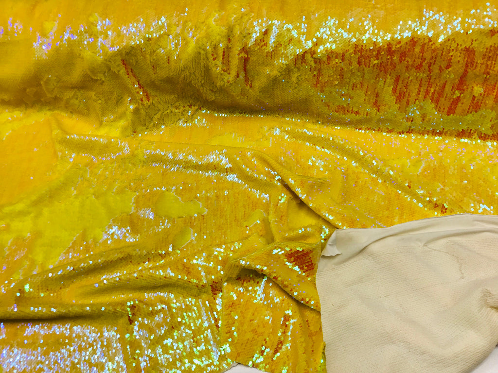 Two Tone Reversible - Yellow - 2 Way Stretch Iridescent Sequins Fabric By The Yard