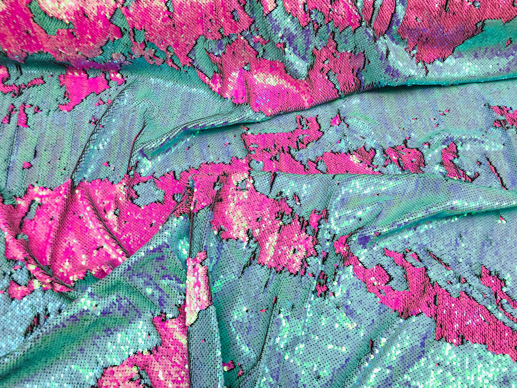 Two Tone Reversible - Hot Pink/Baby Blue 2 Way Stretch Iridescent Shiny Sequins Fabric By The Yard