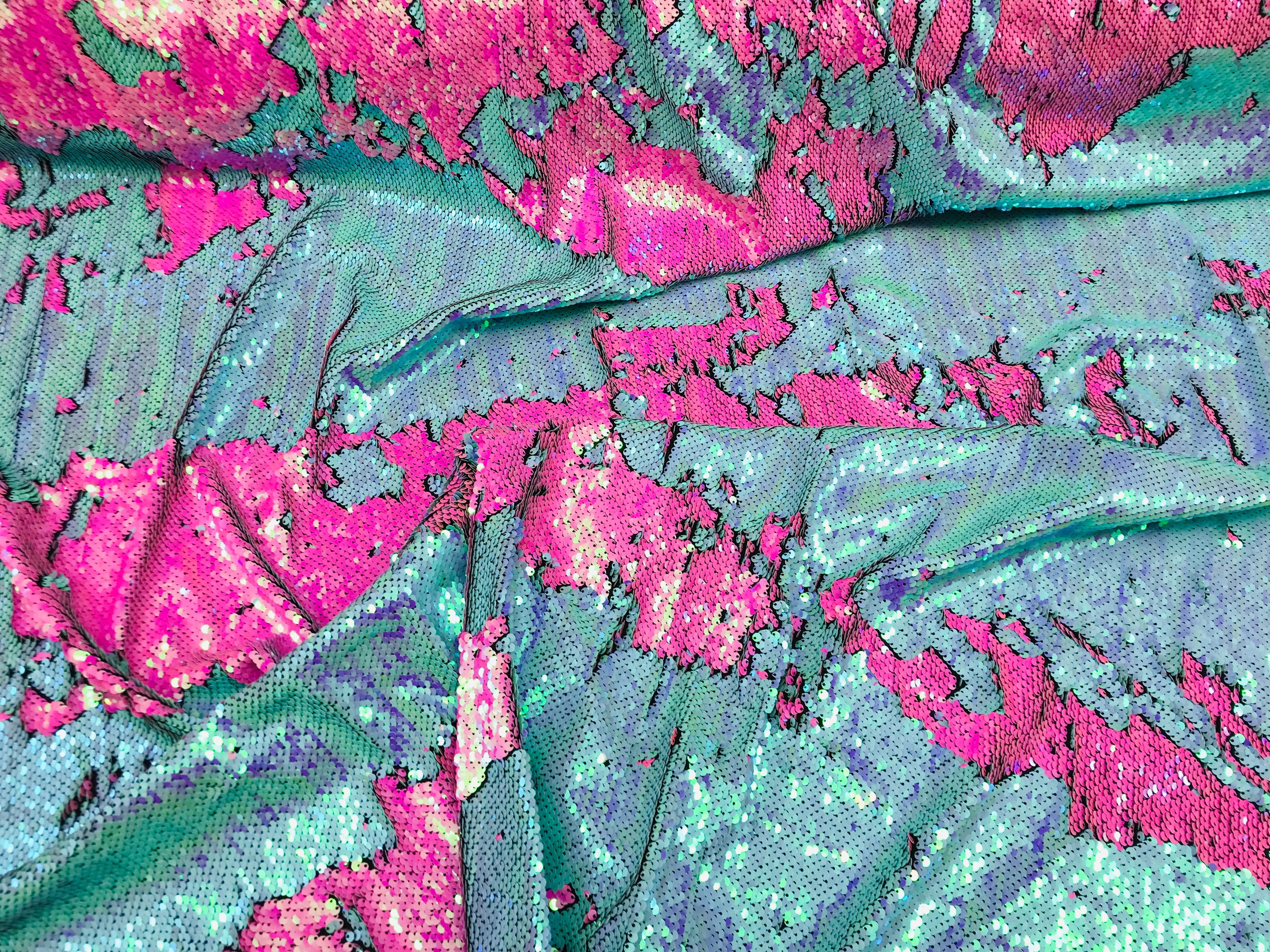 Two Tone Reversible - Hot Pink/Baby Blue 2 Way Stretch Iridescent Shiny Sequins Fabric By The Yard