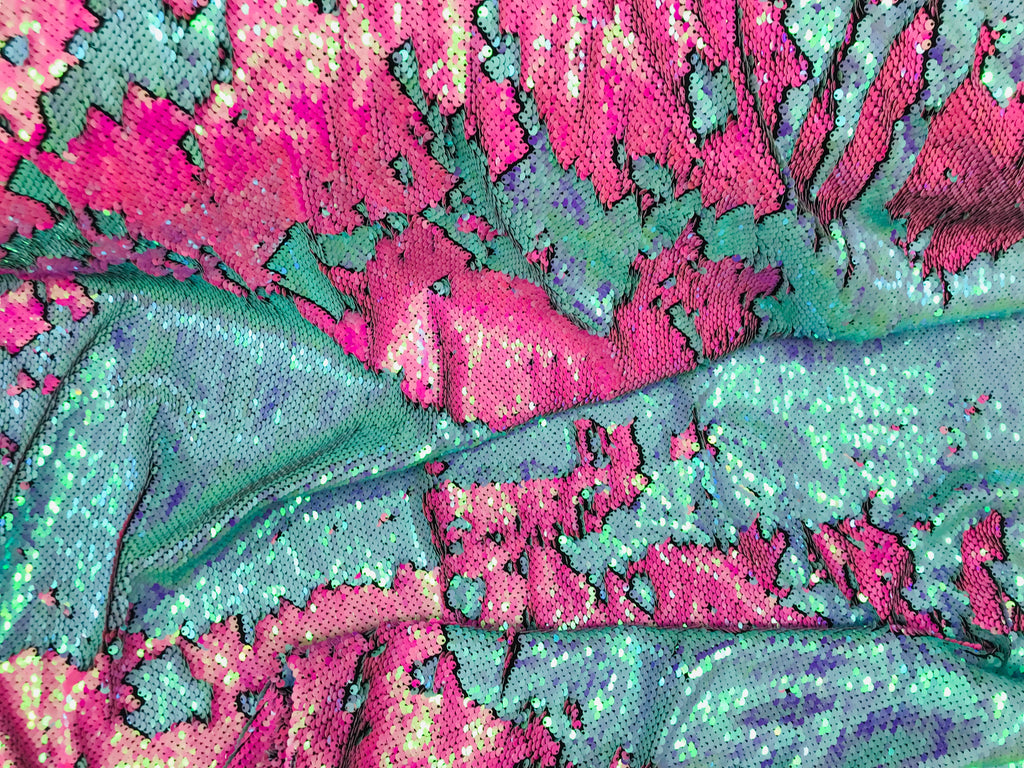 Two Tone Reversible - Hot Pink/Baby Blue 2 Way Stretch Iridescent Shiny Sequins Fabric By The Yard