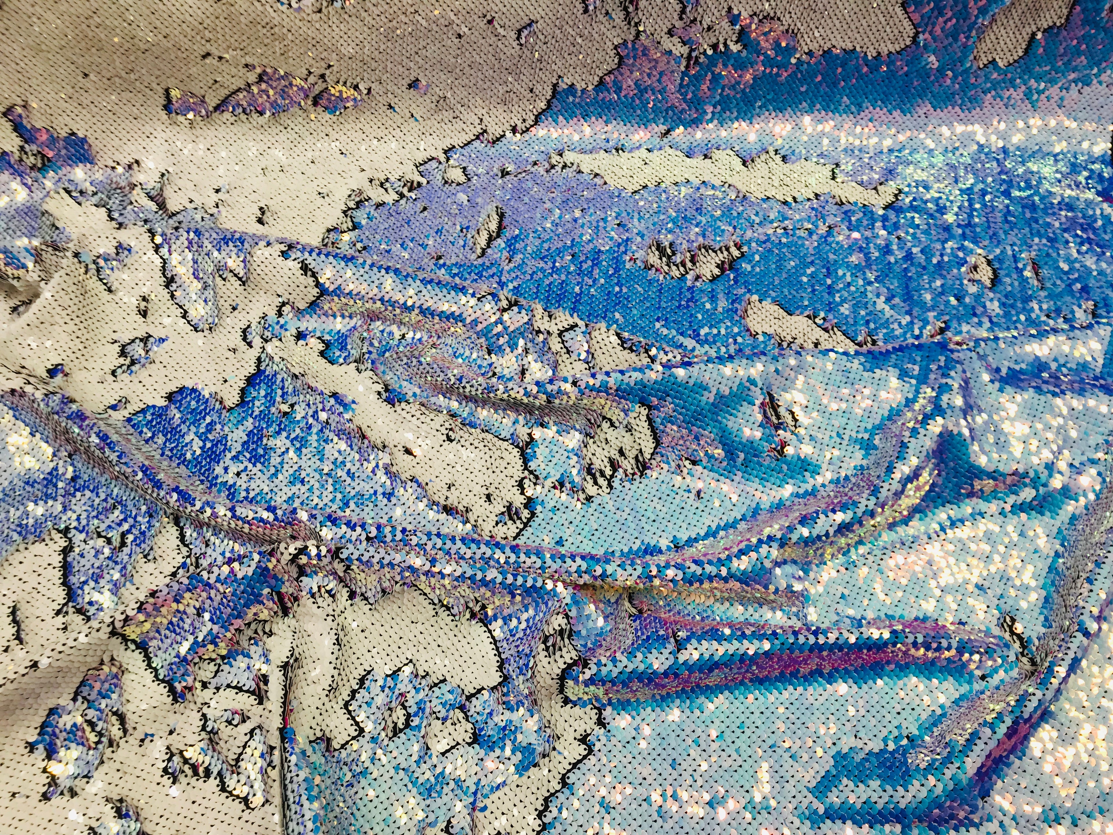 Two Tone Reversible - Blue / White - 2 Way Stretch Iridescent Shiny Sequins Fabric By The Yard