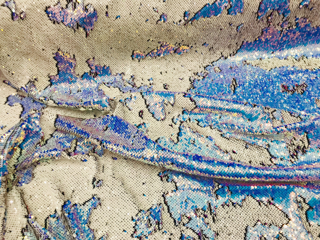 Two Tone Reversible - Blue / White - 2 Way Stretch Iridescent Shiny Sequins Fabric By The Yard