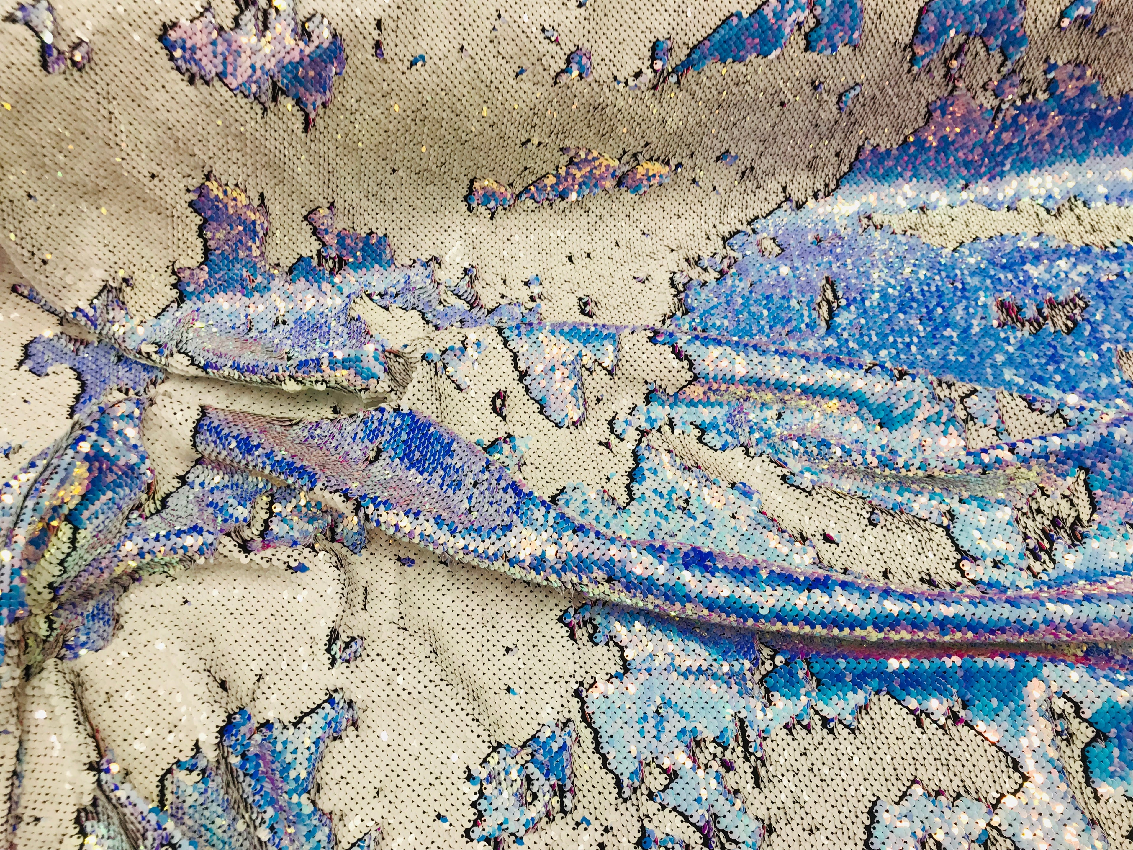 Two Tone Reversible - Blue / White - 2 Way Stretch Iridescent Shiny Sequins Fabric By The Yard