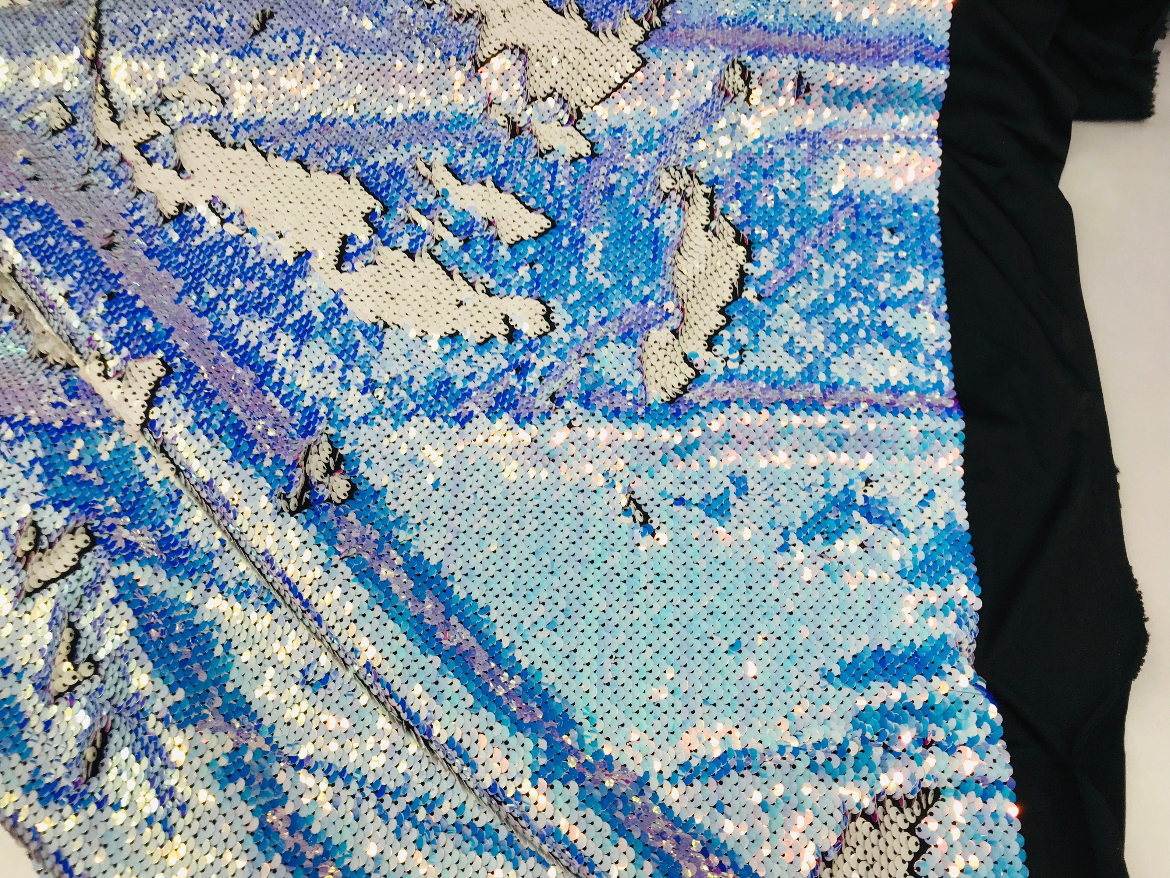 Two Tone Reversible - Blue / White - 2 Way Stretch Iridescent Shiny Sequins Fabric By The Yard