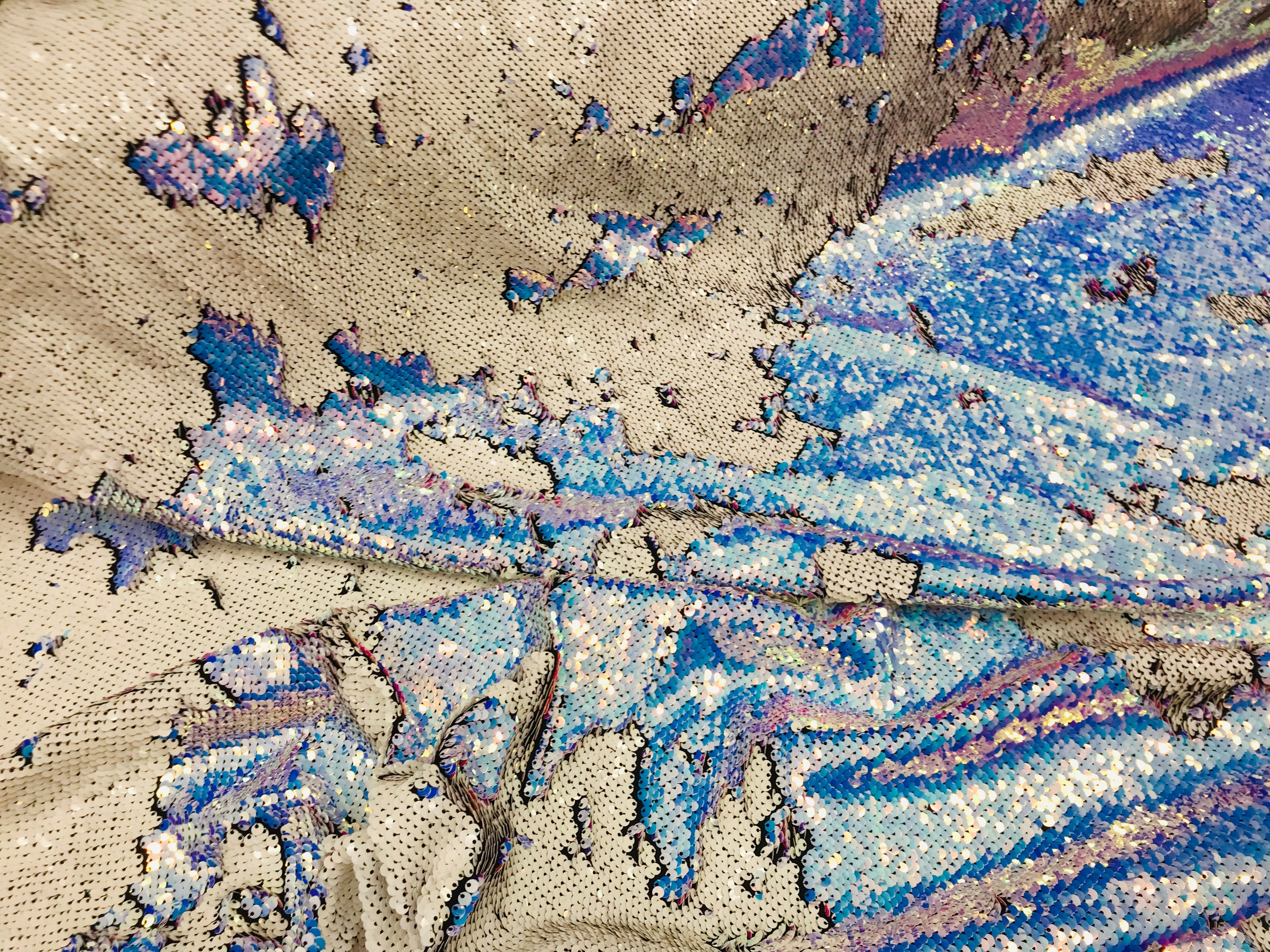 Two Tone Reversible - Blue / White - 2 Way Stretch Iridescent Shiny Sequins Fabric By The Yard