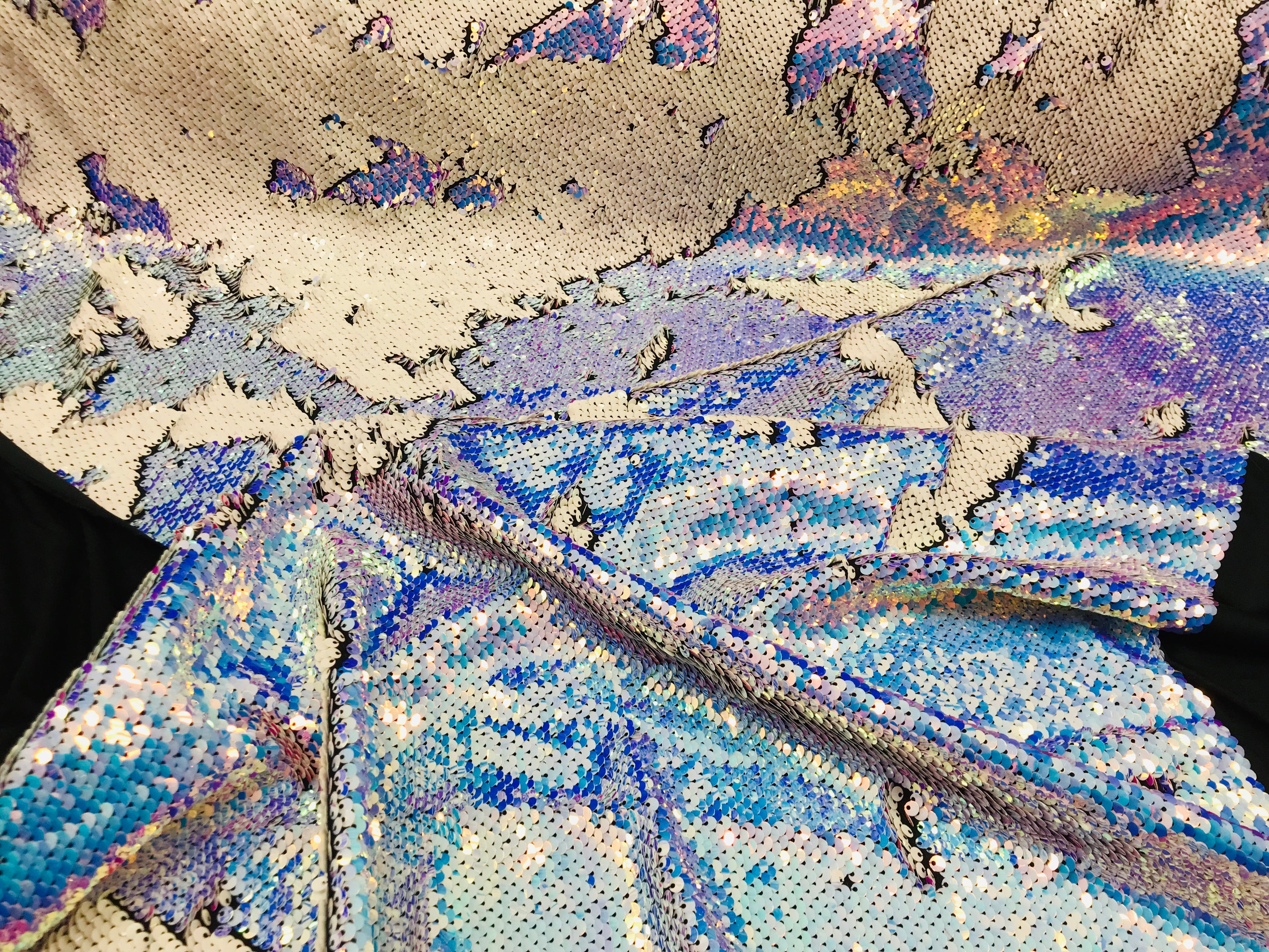 Two Tone Reversible - Blue / White - 2 Way Stretch Iridescent Shiny Sequins Fabric By The Yard