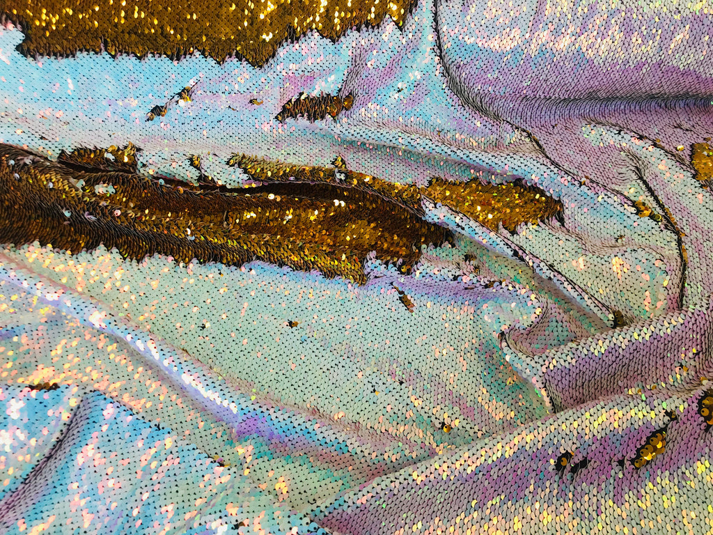 Two Tone Reversible - Gold/ Iridescent White - 2 Way Stretch Shiny Sequins Fabric By The Yard