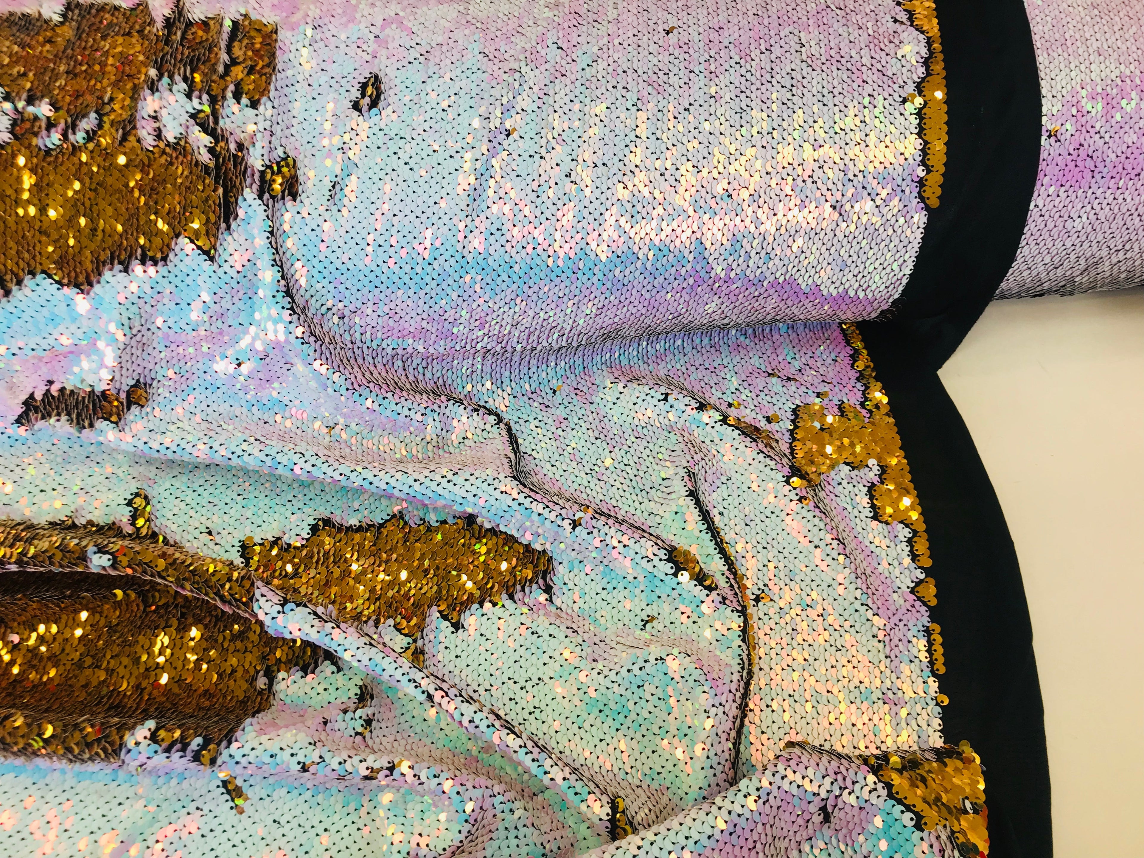 Two Tone Reversible - Gold/ Iridescent White - 2 Way Stretch Shiny Sequins Fabric By The Yard