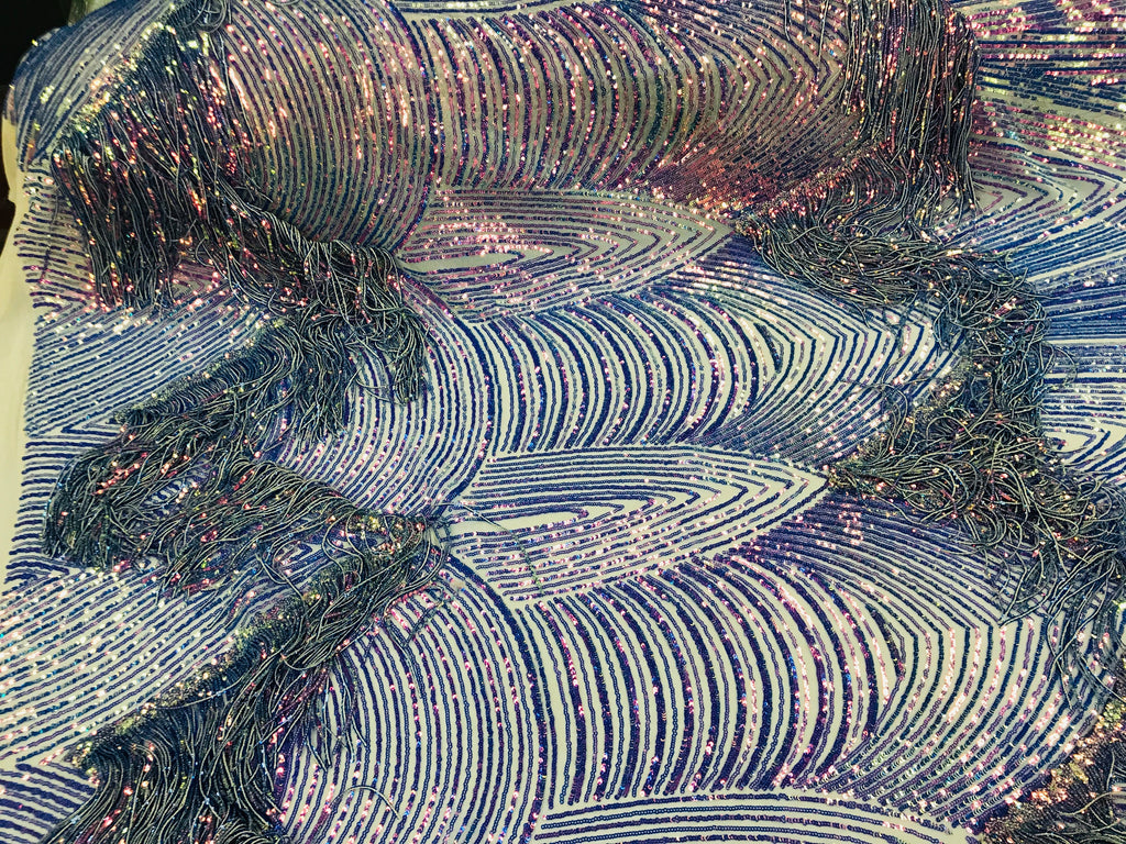 Fringe Sequins - Iridescent Blue - Dangle 4 Way Stretch Fancy Sequins Fabric Sold By The Yard