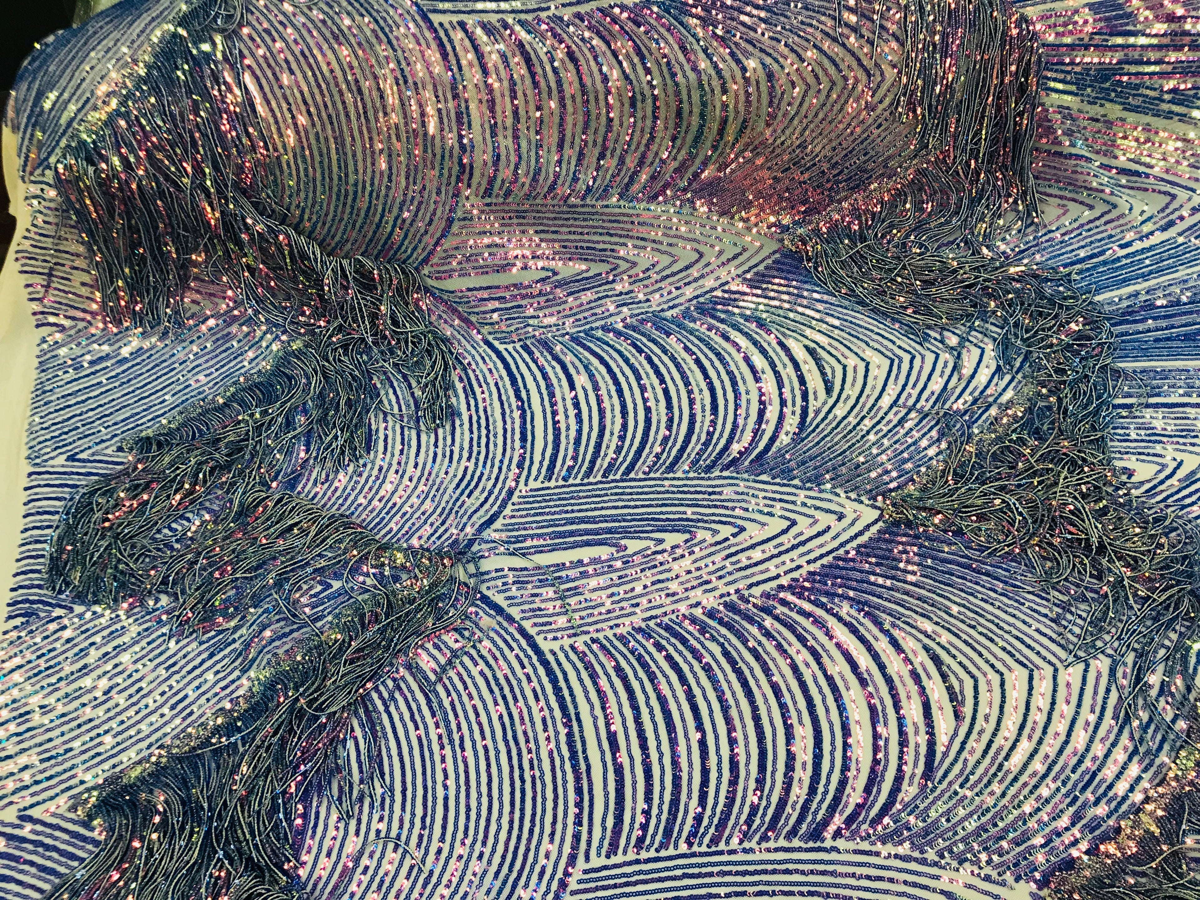 Fringe Sequins - Iridescent Blue - Dangle 4 Way Stretch Fancy Sequins Fabric Sold By The Yard