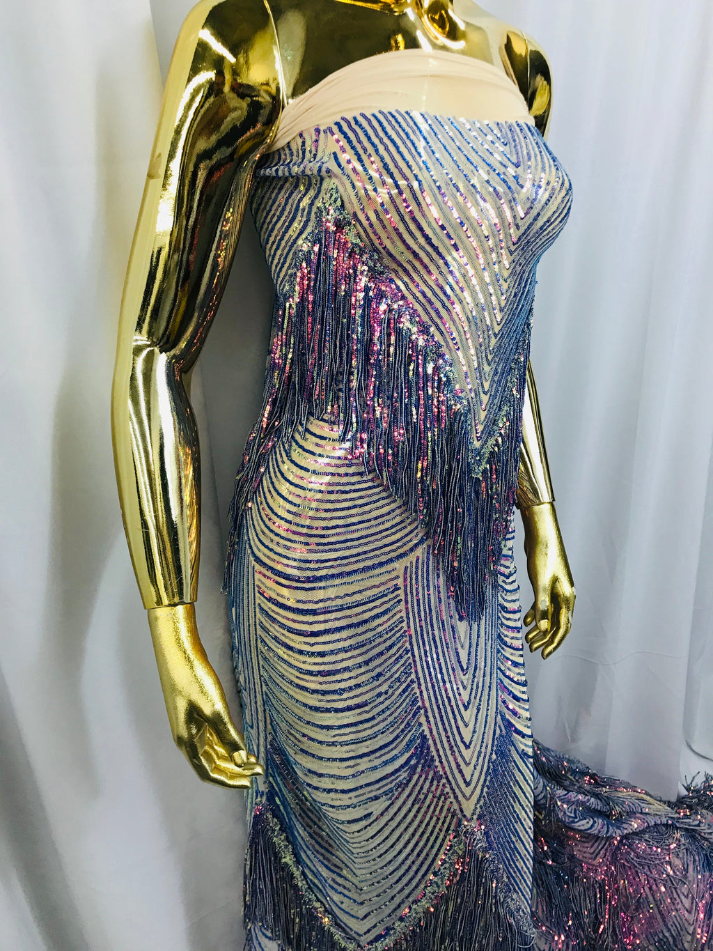Fringe Sequins - Iridescent Blue - Dangle 4 Way Stretch Fancy Sequins Fabric Sold By The Yard