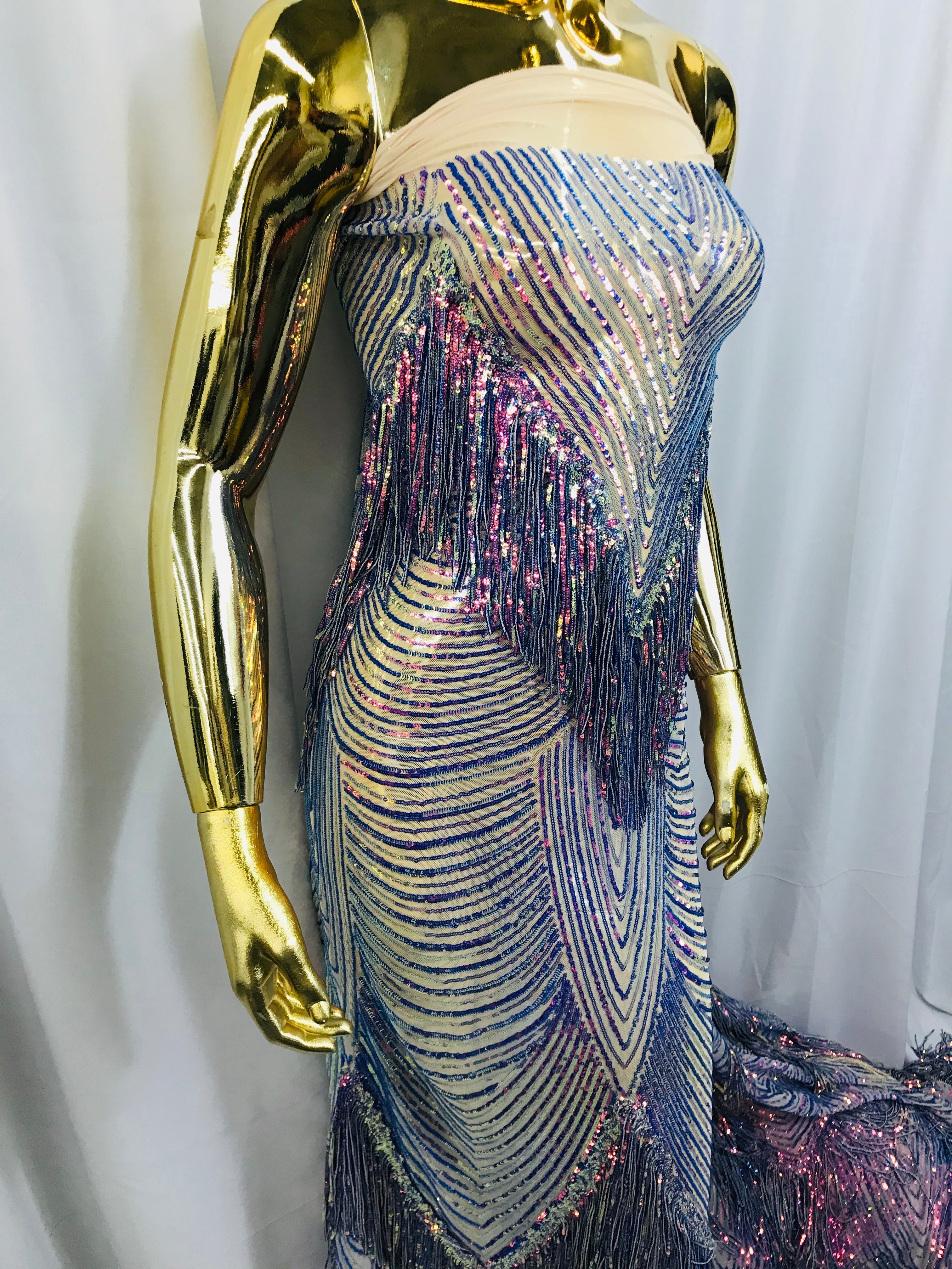 Fringe Sequins - Iridescent Blue - Dangle 4 Way Stretch Fancy Sequins Fabric Sold By The Yard