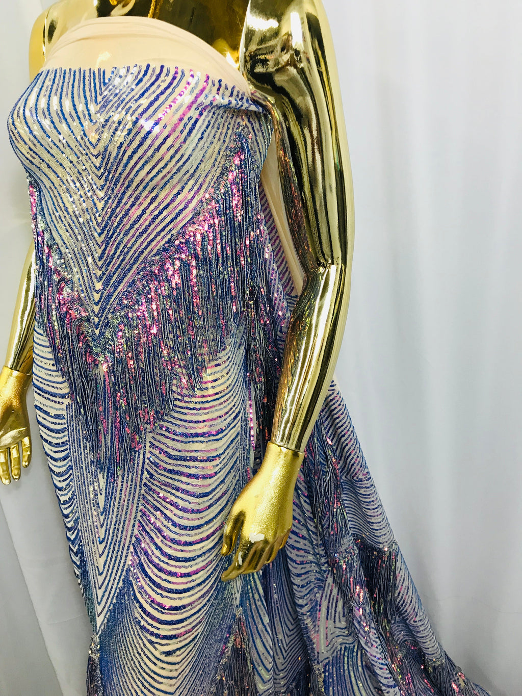 Fringe Sequins - Iridescent Blue - Dangle 4 Way Stretch Fancy Sequins Fabric Sold By The Yard