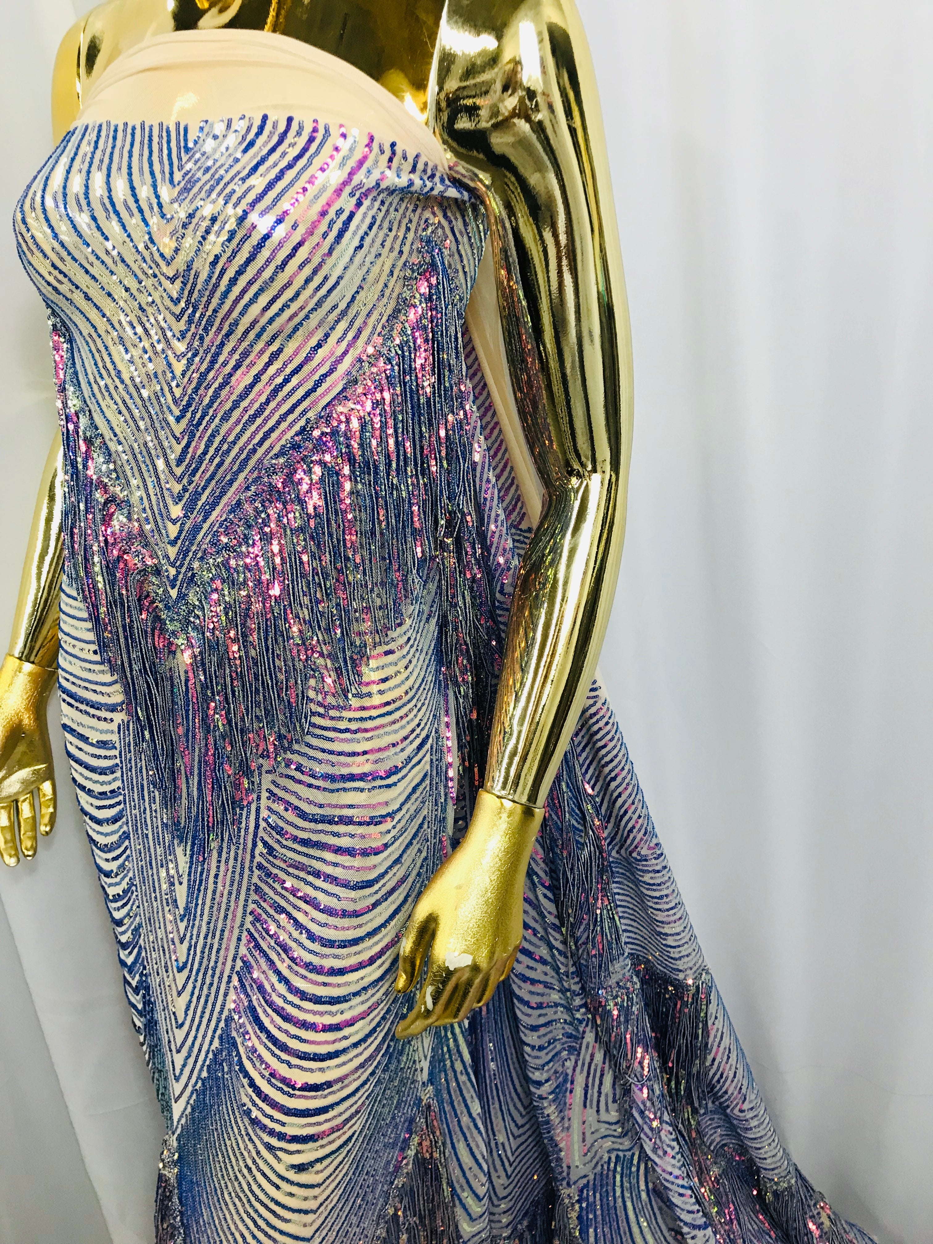 Fringe Sequins - Iridescent Blue - Dangle 4 Way Stretch Fancy Sequins Fabric Sold By The Yard