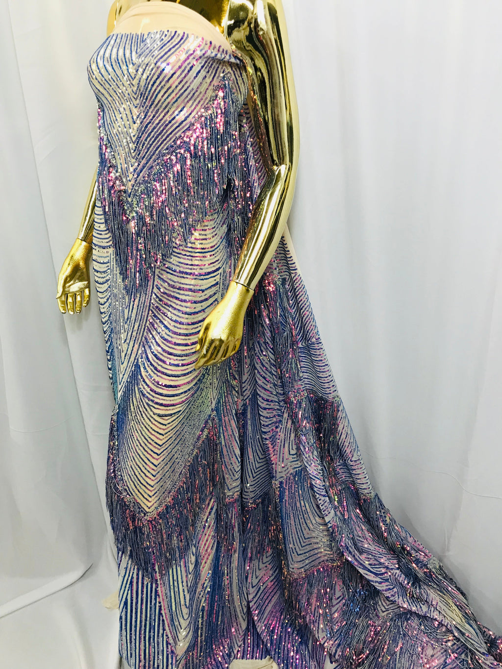 Fringe Sequins - Iridescent Blue - Dangle 4 Way Stretch Fancy Sequins Fabric Sold By The Yard