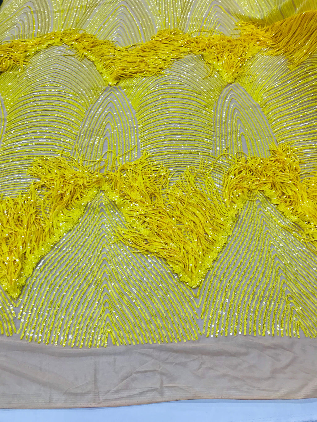 Fringe Sequins - Yellow - Dangle 4 Way Stretch Fancy Sequins Fabric Sold By The Yard