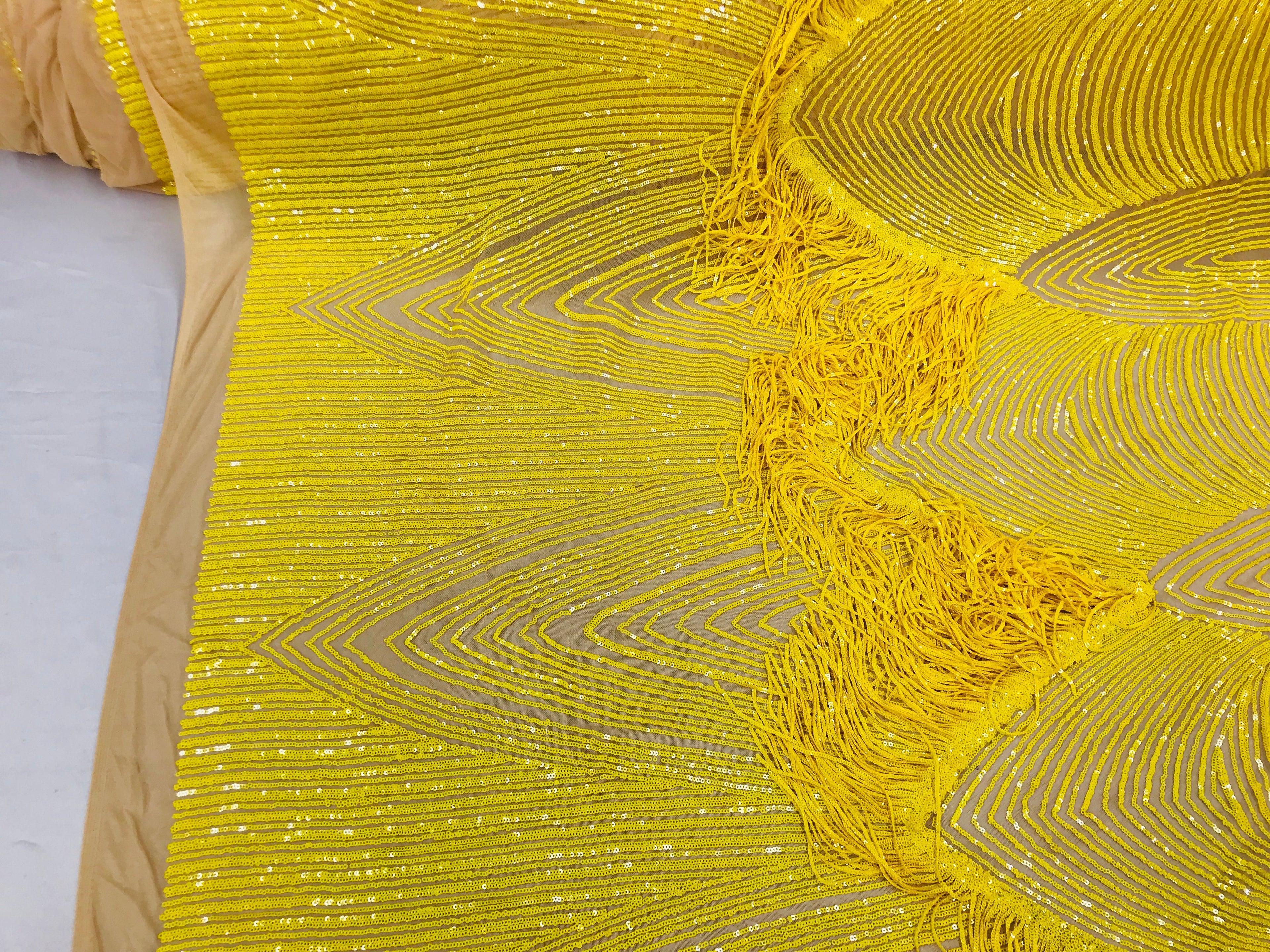 Fringe Sequins - Yellow - Dangle 4 Way Stretch Fancy Sequins Fabric Sold By The Yard