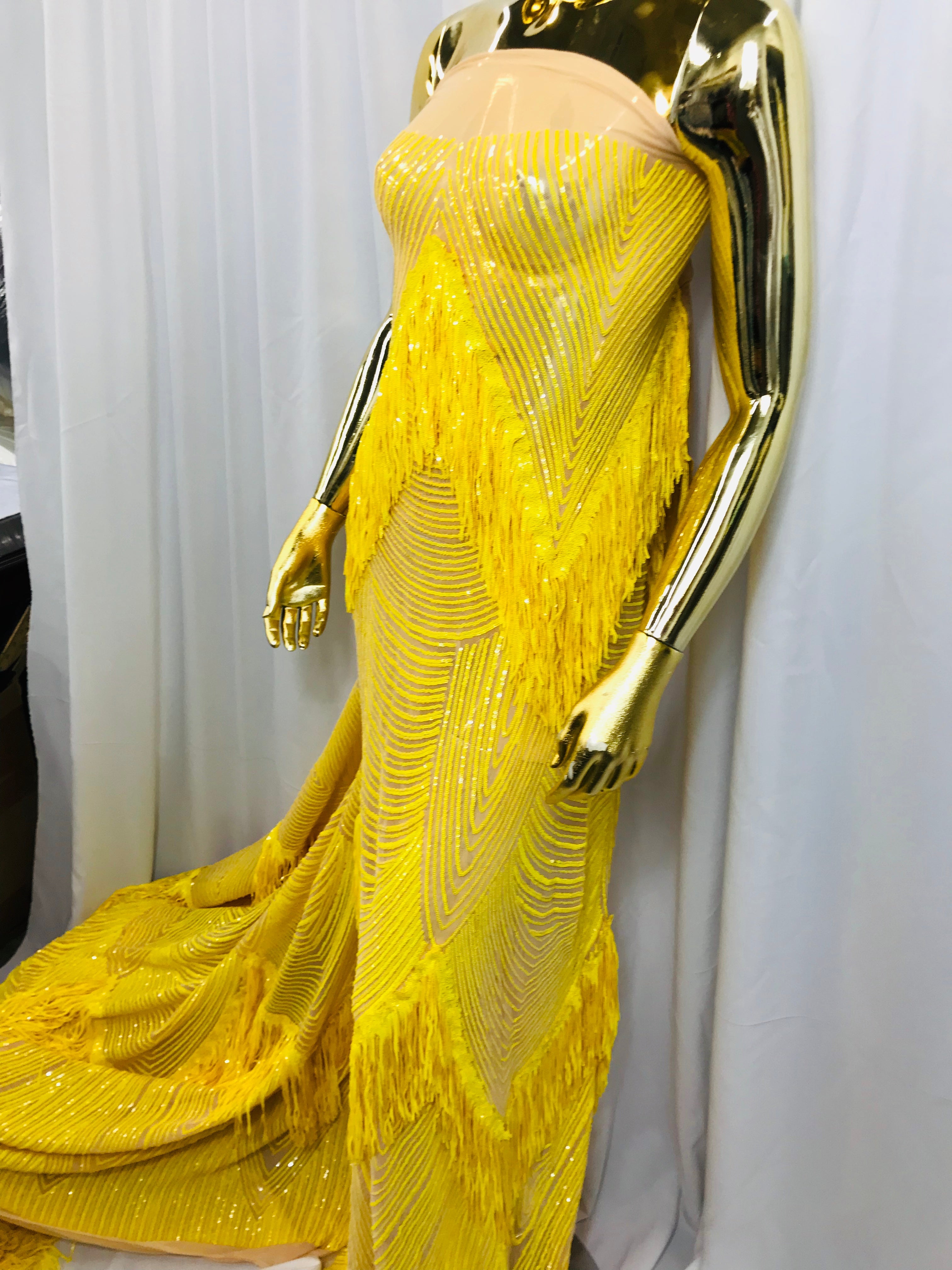 Fringe Sequins - Yellow - Dangle 4 Way Stretch Fancy Sequins Fabric Sold By The Yard