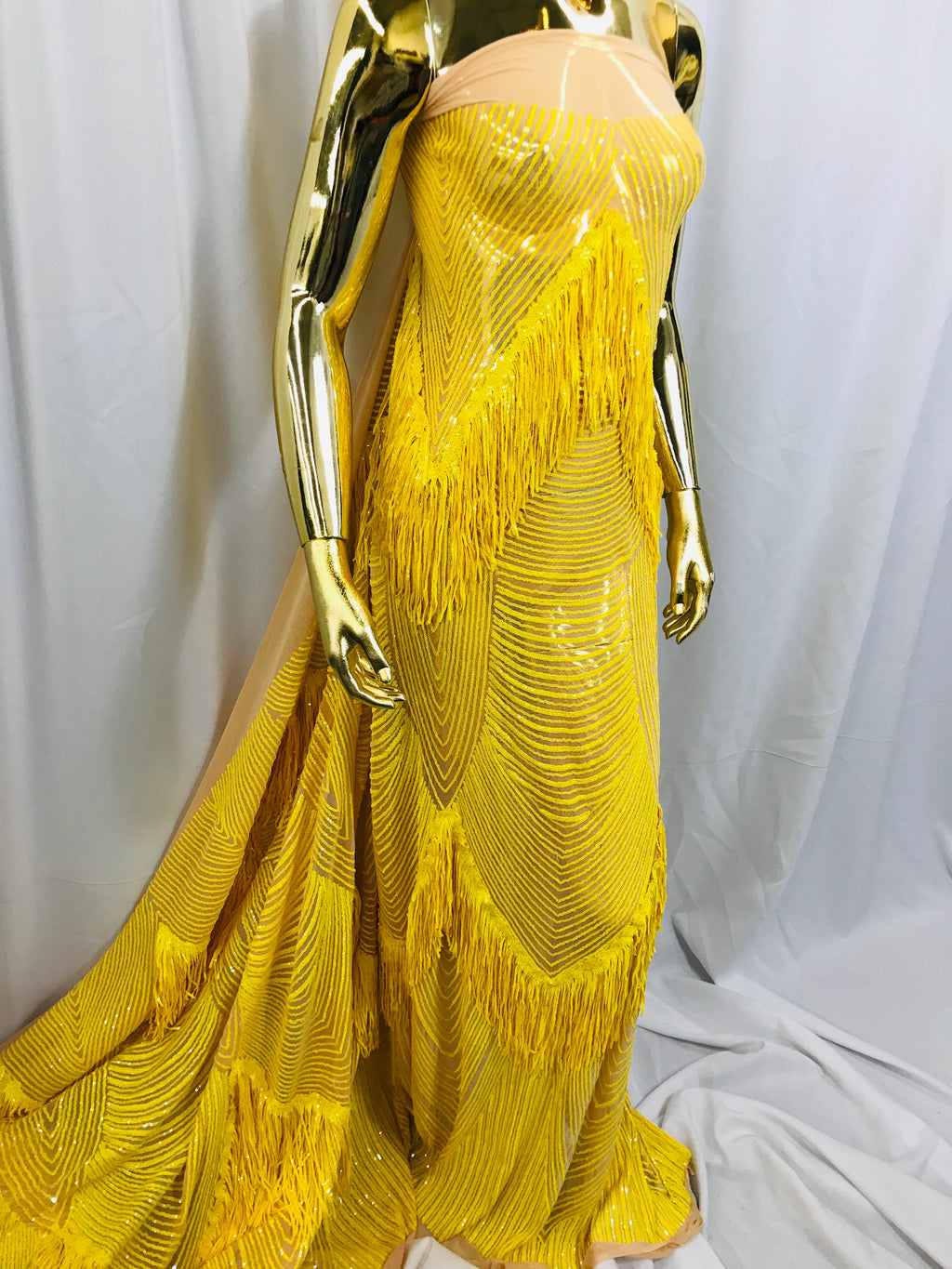 Fringe Sequins - Yellow - Dangle 4 Way Stretch Fancy Sequins Fabric Sold By The Yard
