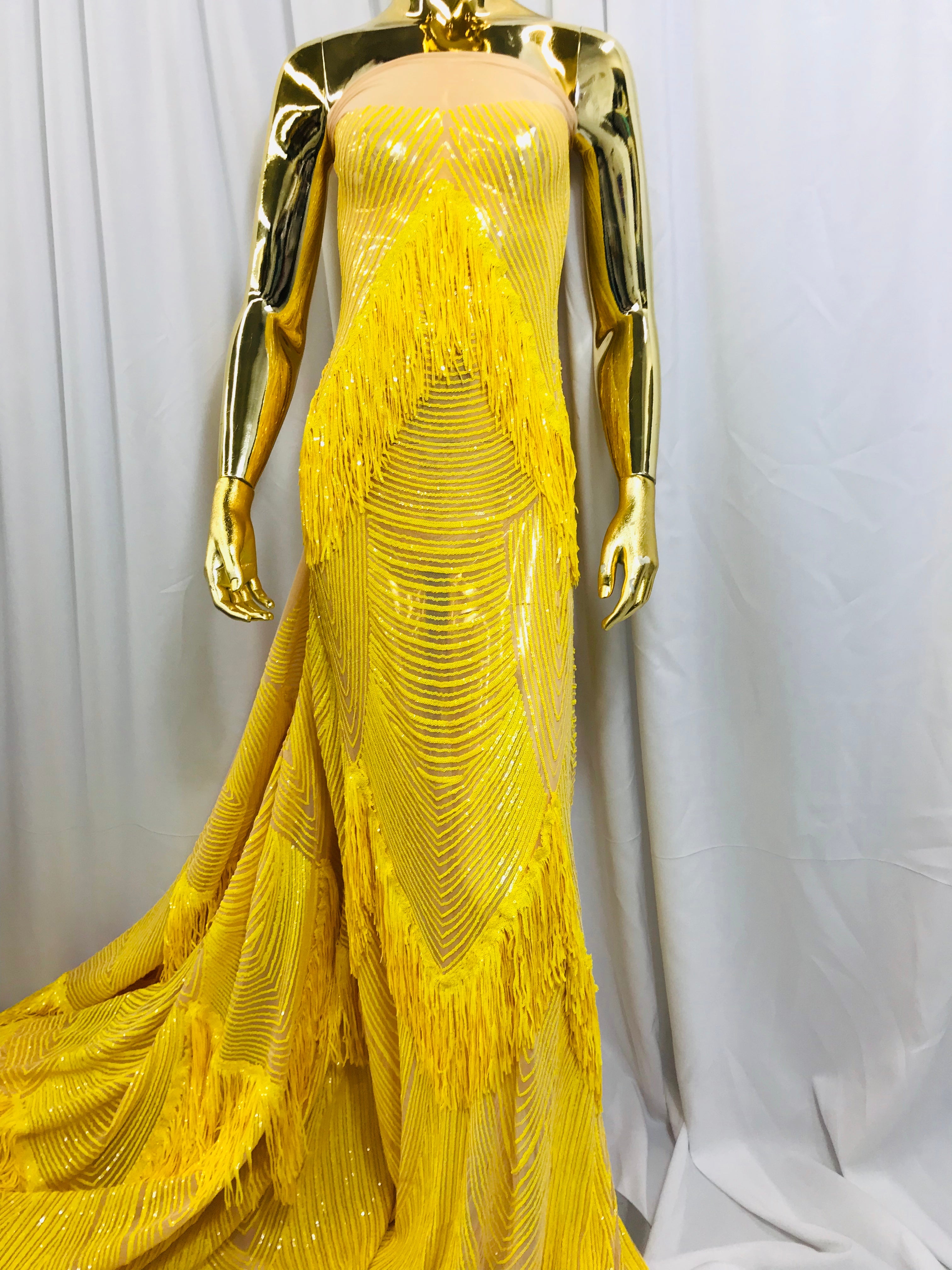 Fringe Sequins - Yellow - Dangle 4 Way Stretch Fancy Sequins Fabric Sold By The Yard