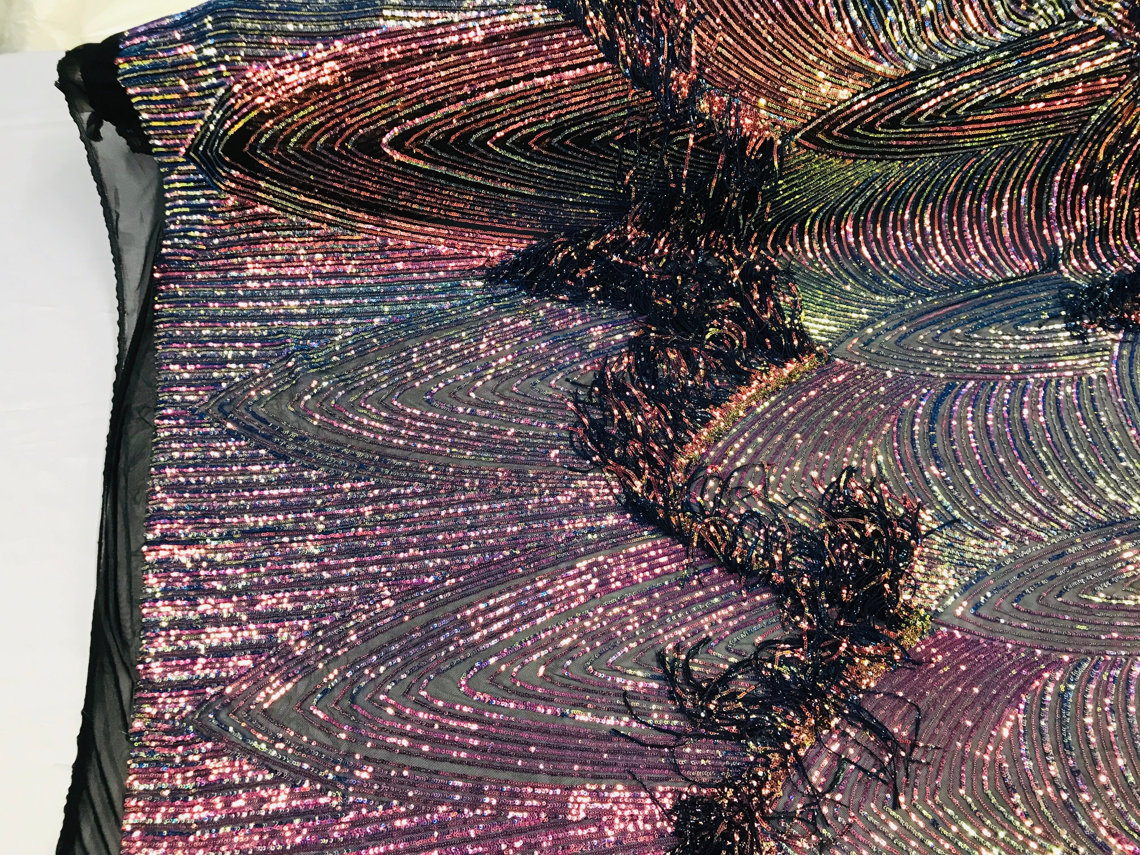 Fringe Sequins - Rainbow - Dangle 4 Way Stretch Fancy Sequins Fabric Sold By The Yard