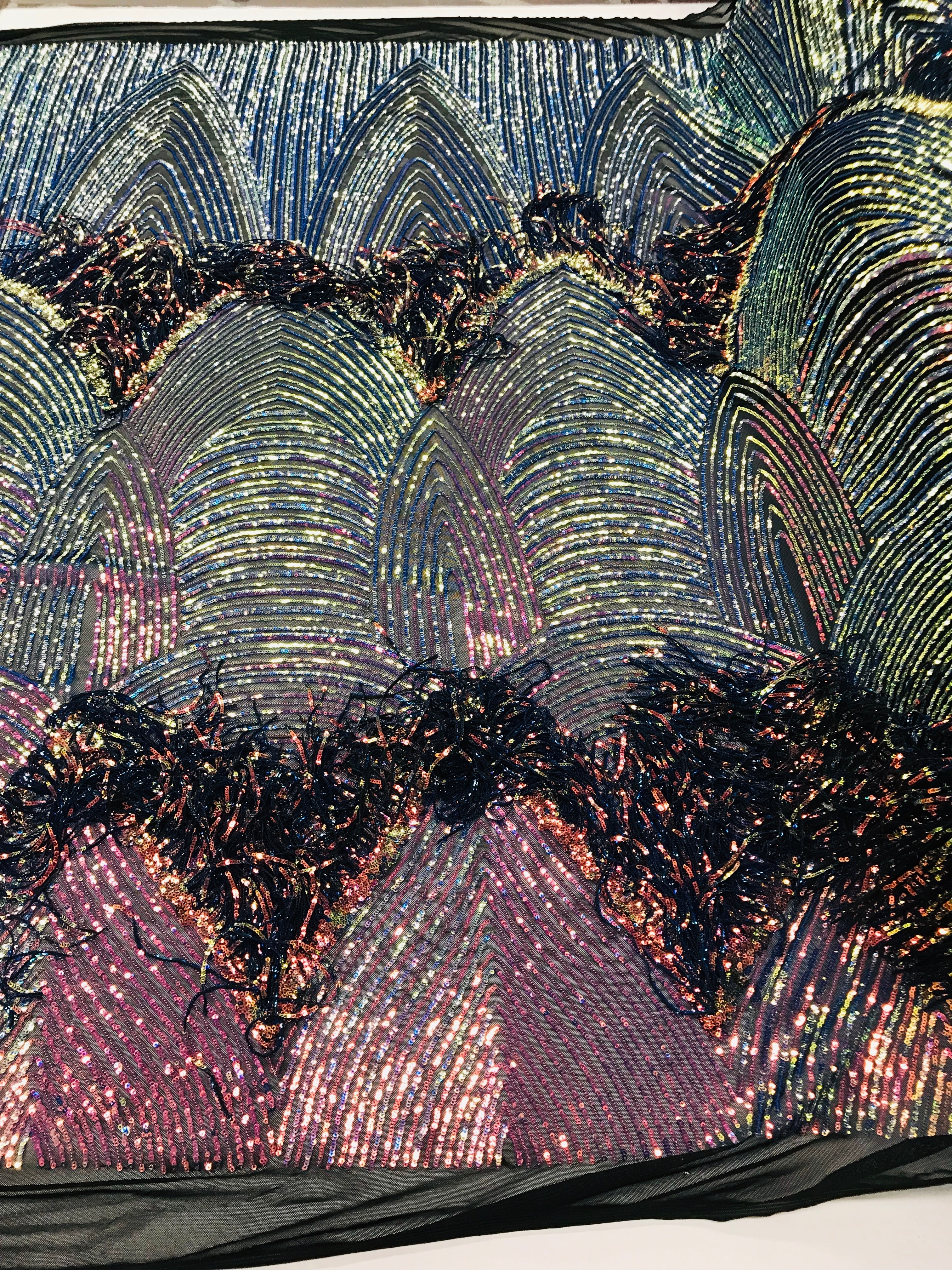 Fringe Sequins - Rainbow - Dangle 4 Way Stretch Fancy Sequins Fabric Sold By The Yard
