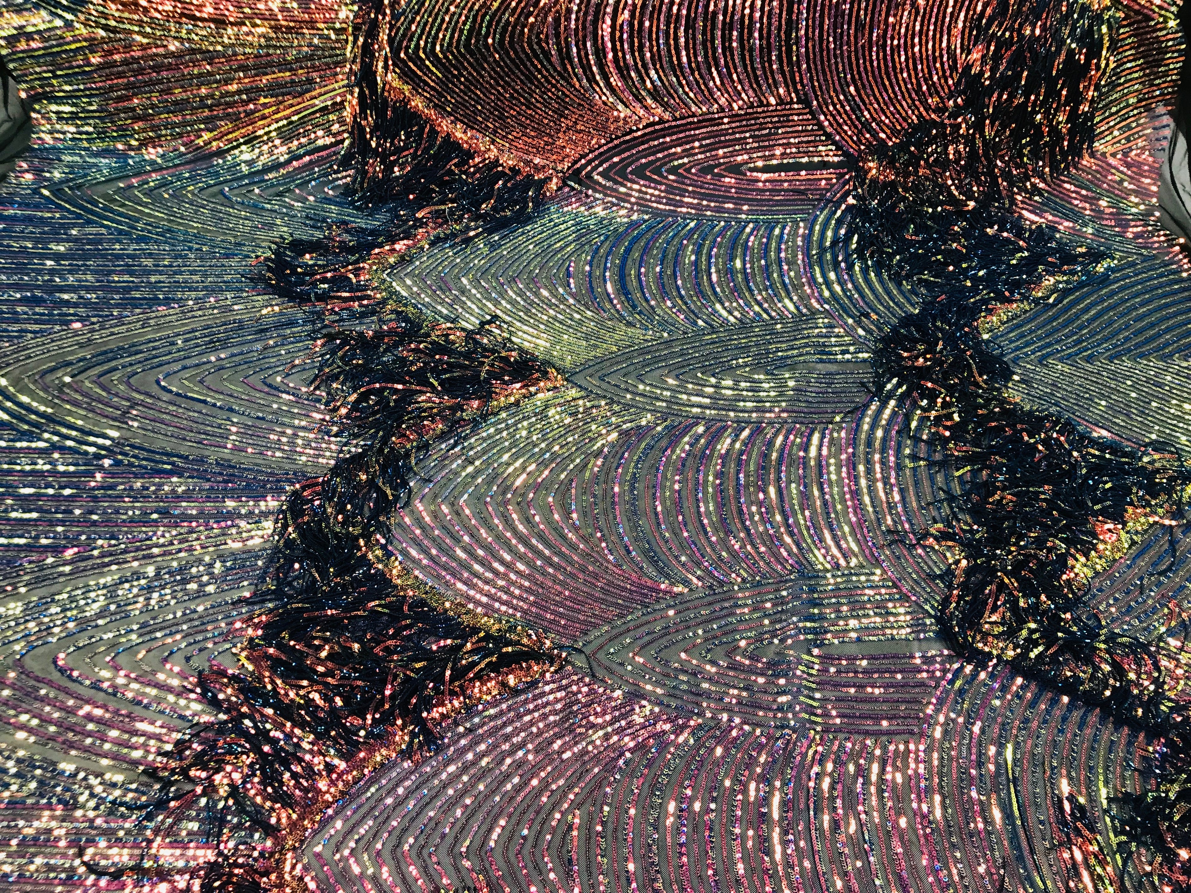 Fringe Sequins - Rainbow - Dangle 4 Way Stretch Fancy Sequins Fabric Sold By The Yard