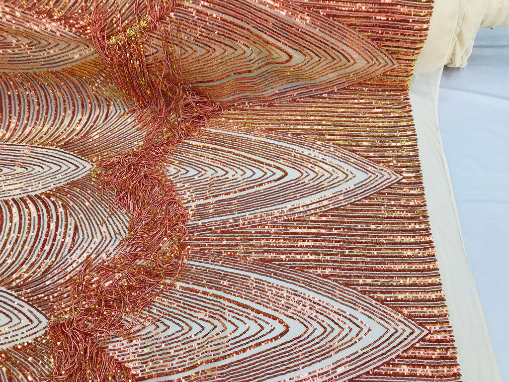 Fringe Sequins - Iridescent Orange - Dangle 4 Way Stretch Fancy Sequins Fabric Sold By The Yard