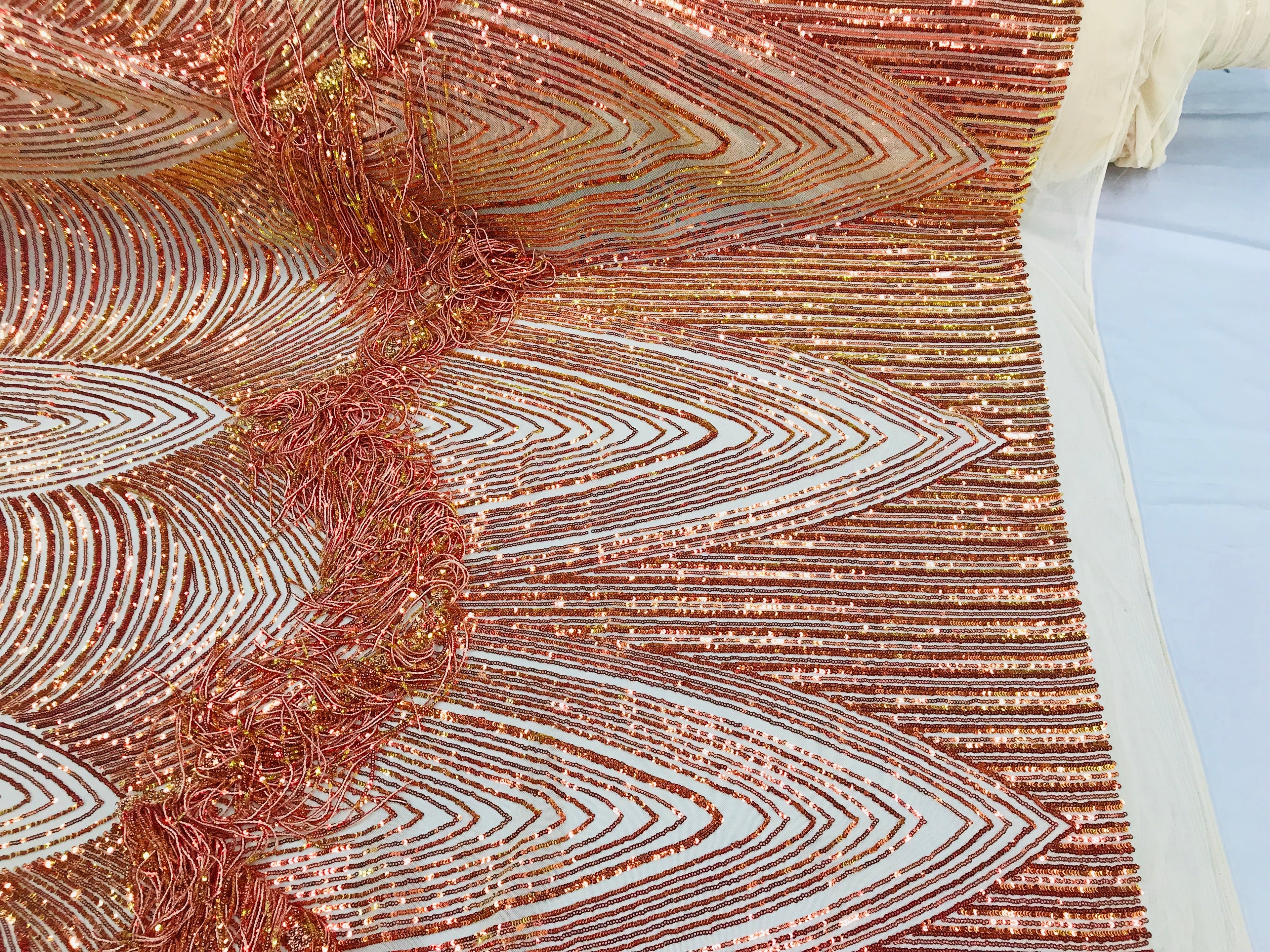 Fringe Sequins - Iridescent Orange - Dangle 4 Way Stretch Fancy Sequins Fabric Sold By The Yard