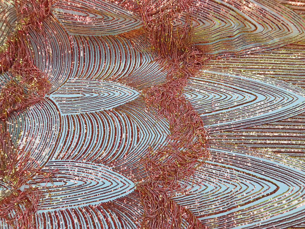 Fringe Sequins - Iridescent Orange - Dangle 4 Way Stretch Fancy Sequins Fabric Sold By The Yard
