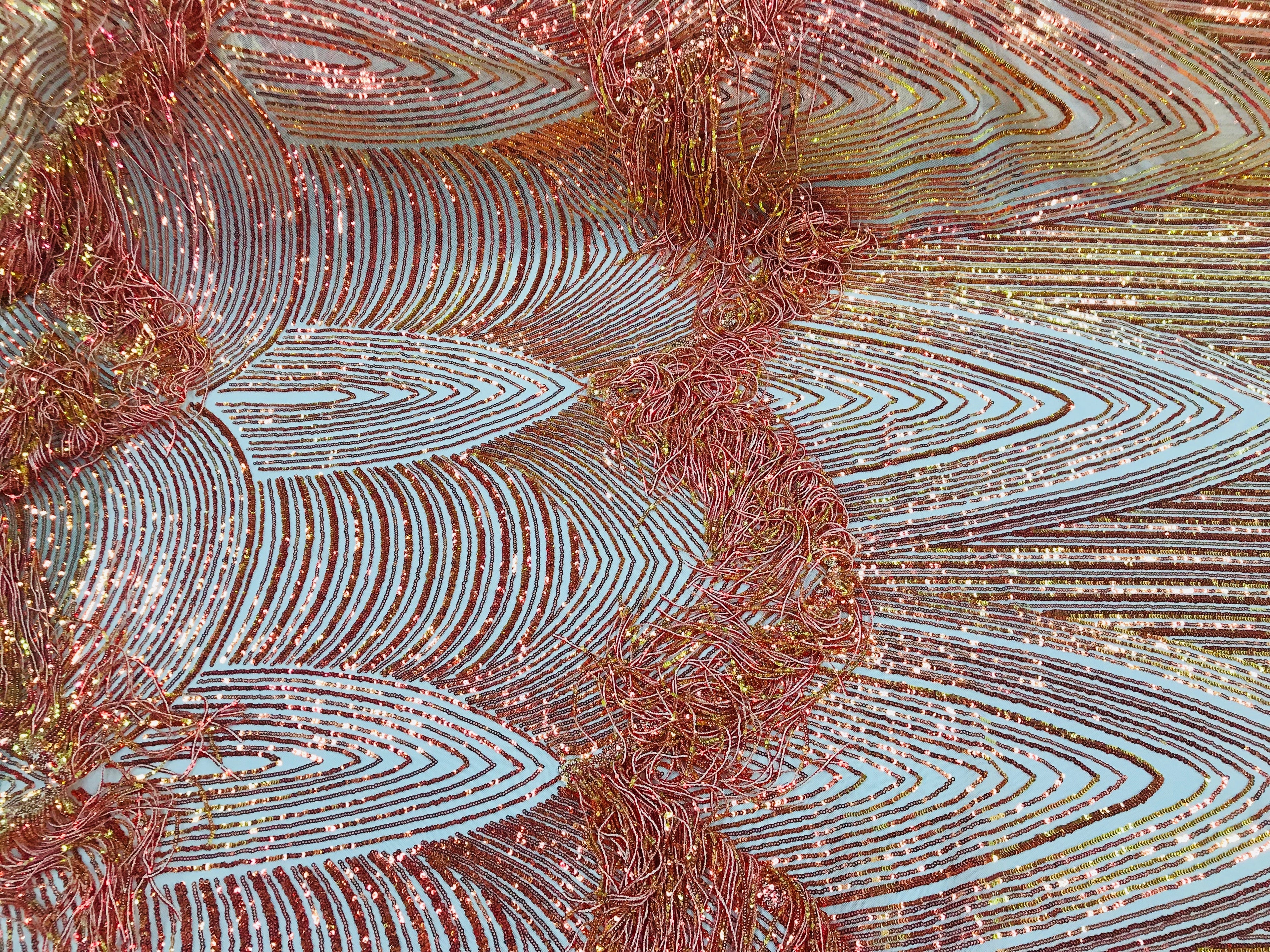 Fringe Sequins - Iridescent Orange - Dangle 4 Way Stretch Fancy Sequins Fabric Sold By The Yard