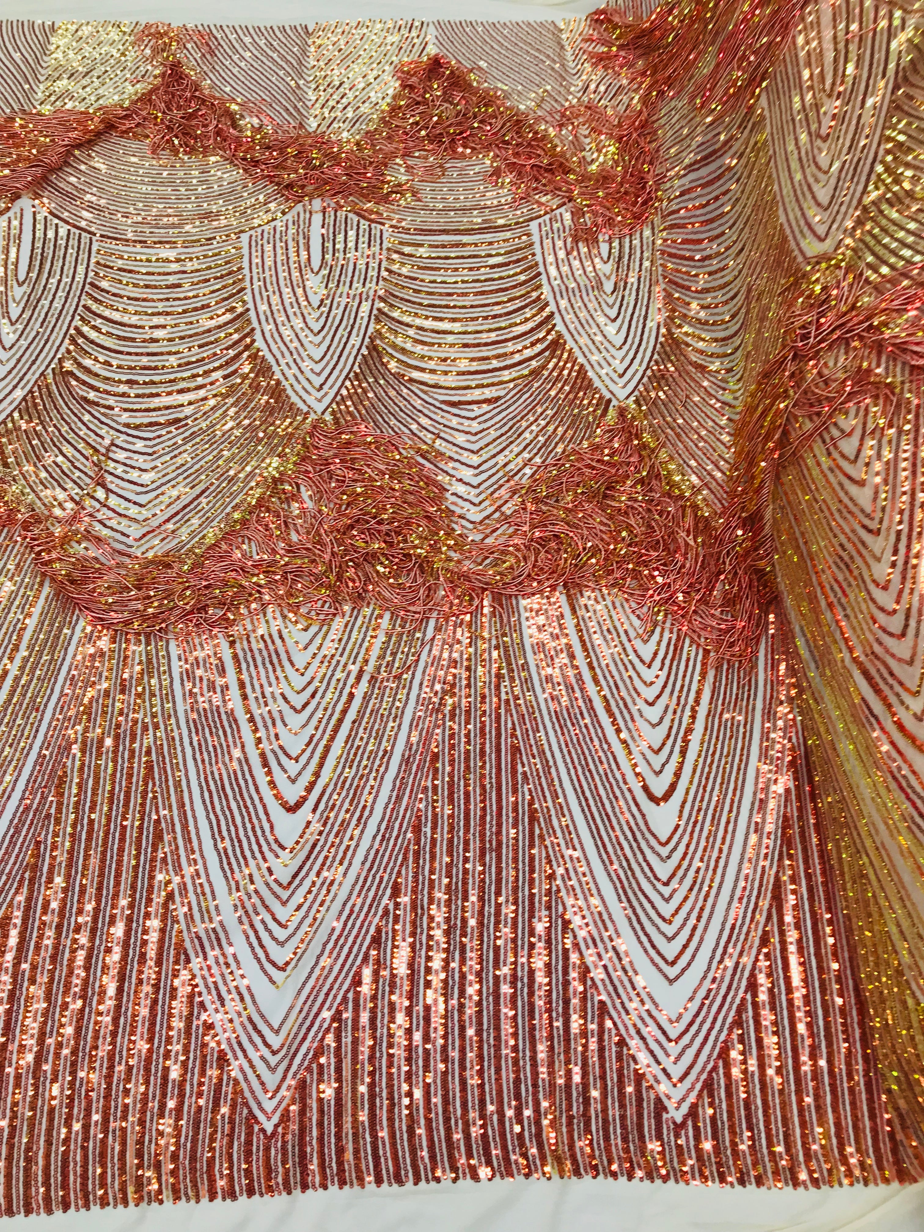 Fringe Sequins - Iridescent Orange - Dangle 4 Way Stretch Fancy Sequins Fabric Sold By The Yard